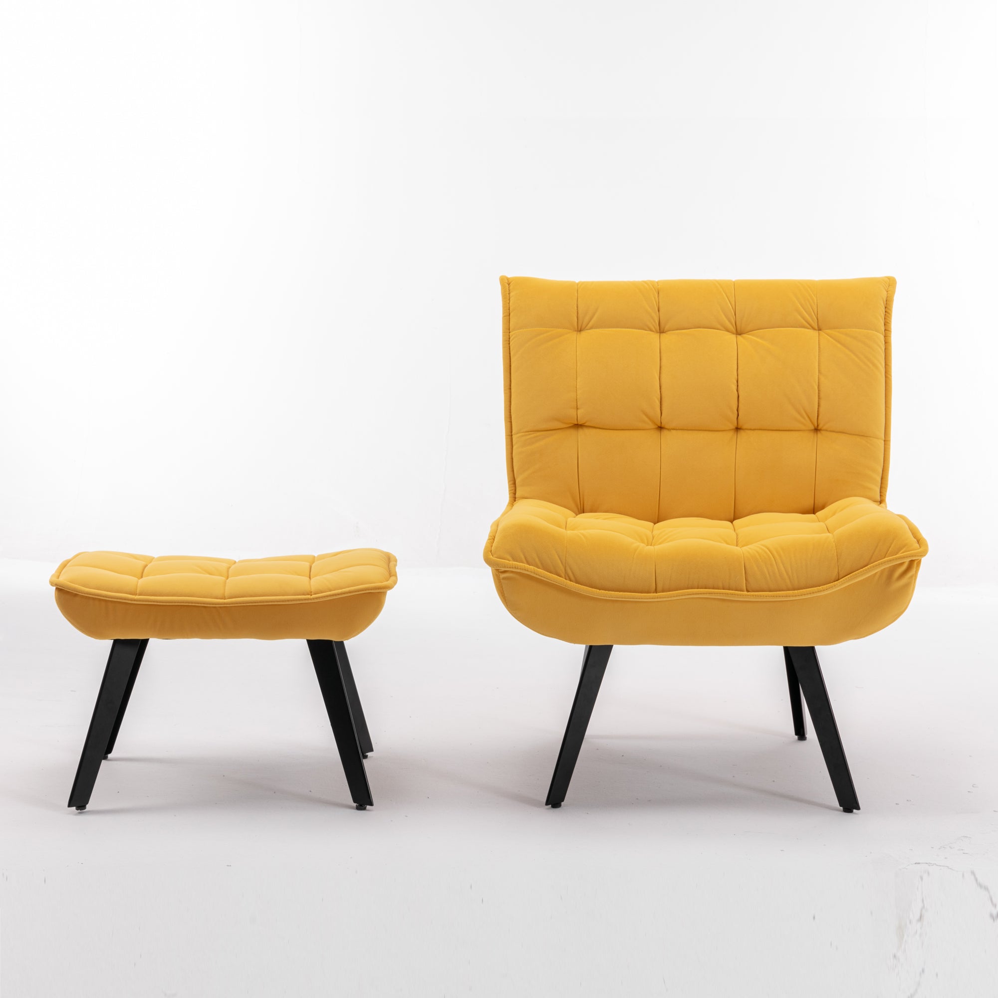 Modern Velvet Fabric Ottoman Lounge Chair with Metal Legs & Footrest Set- Yellow_15