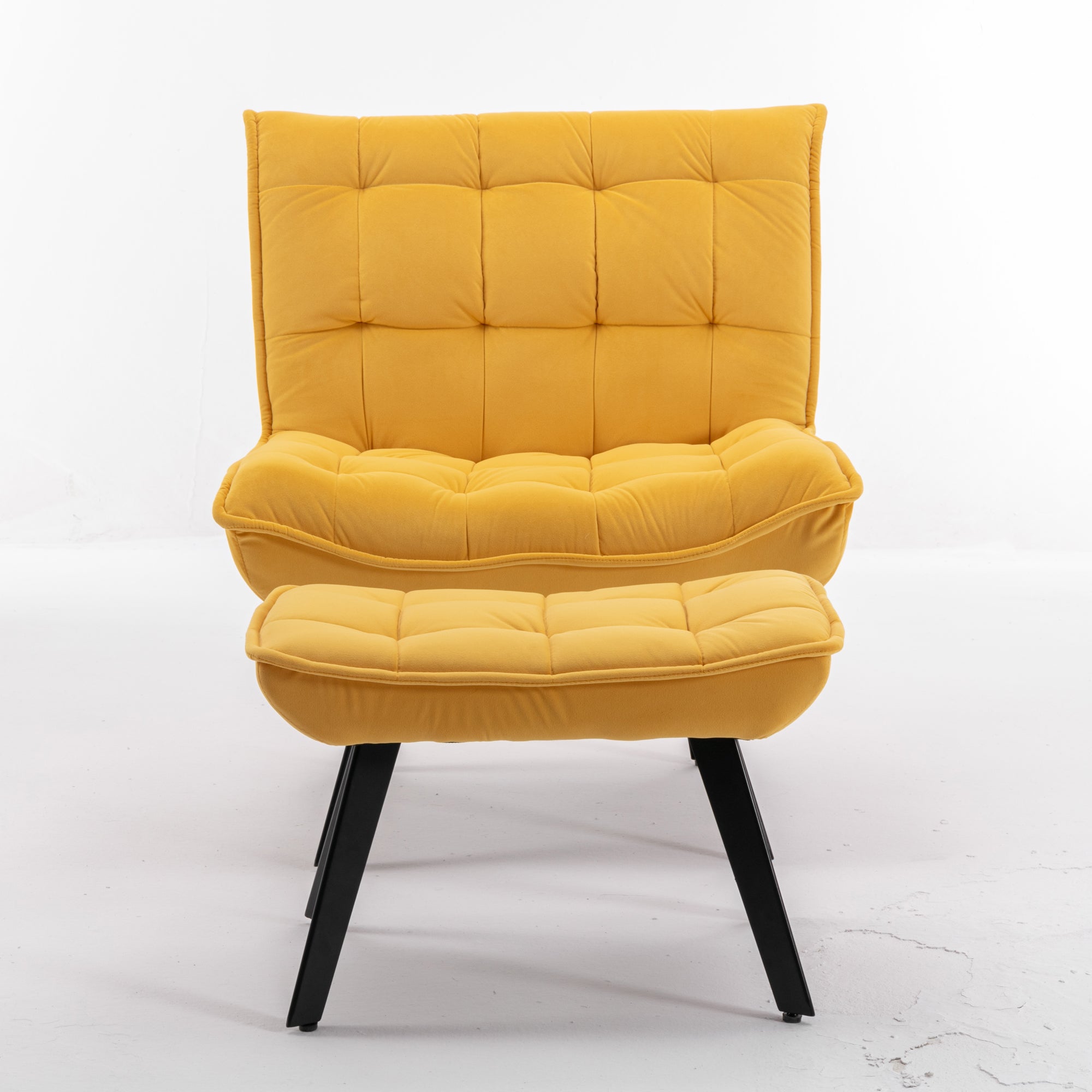 Modern Velvet Fabric Ottoman Lounge Chair with Metal Legs & Footrest Set- Yellow_16
