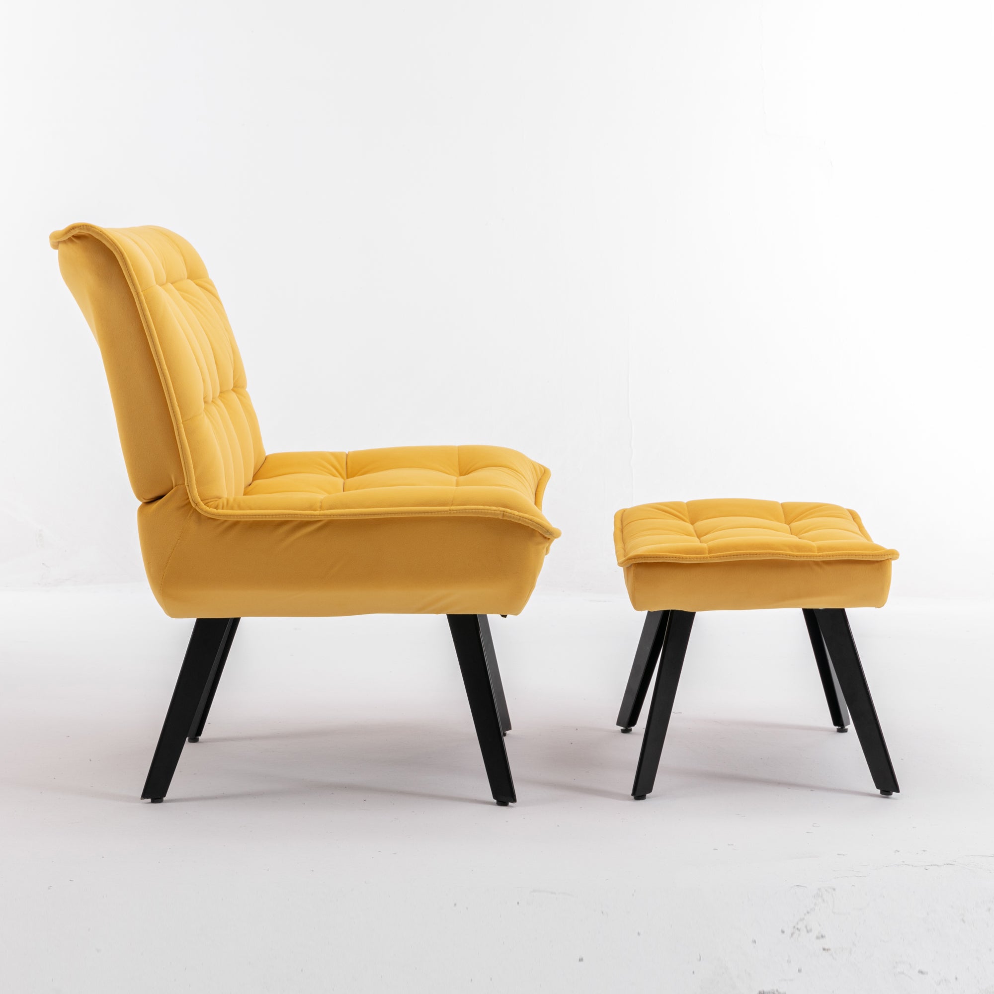 Modern Velvet Fabric Ottoman Lounge Chair with Metal Legs & Footrest Set- Yellow_17