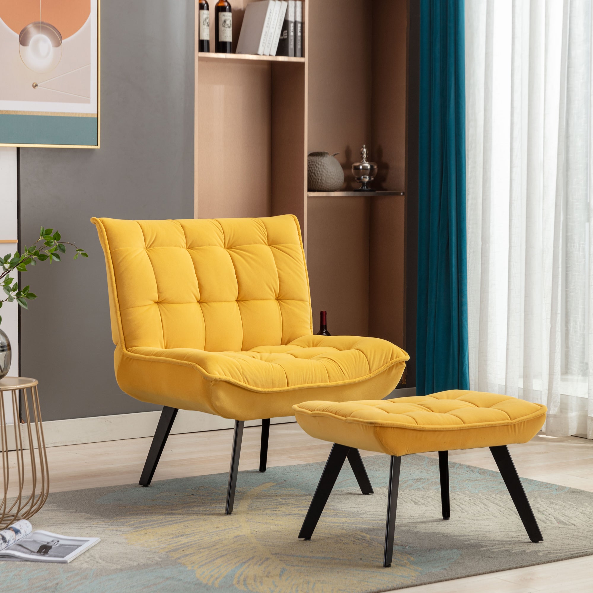 Modern Velvet Fabric Ottoman Lounge Chair with Metal Legs & Footrest Set- Yellow_2