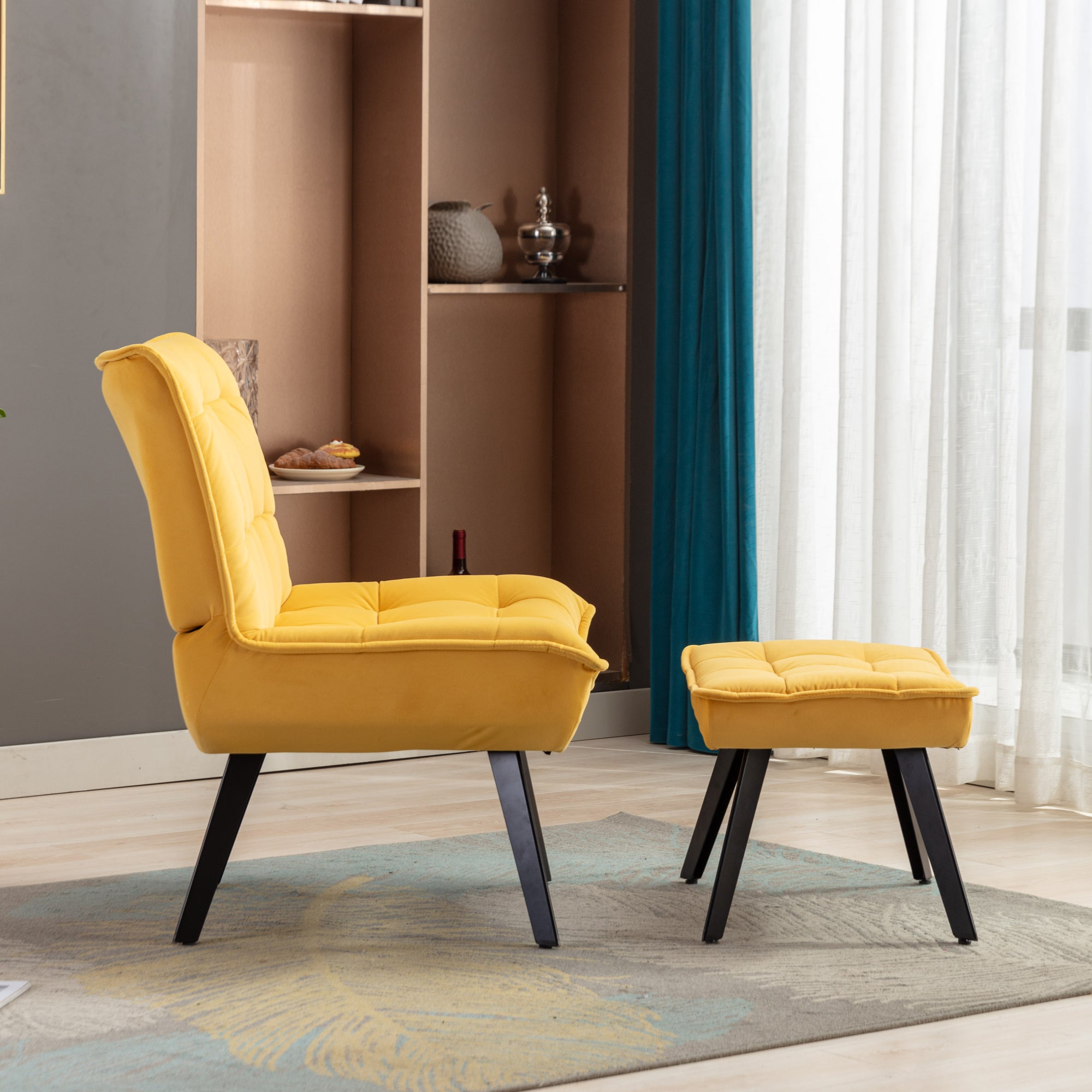 Modern Velvet Fabric Ottoman Lounge Chair with Metal Legs & Footrest Set- Yellow_3