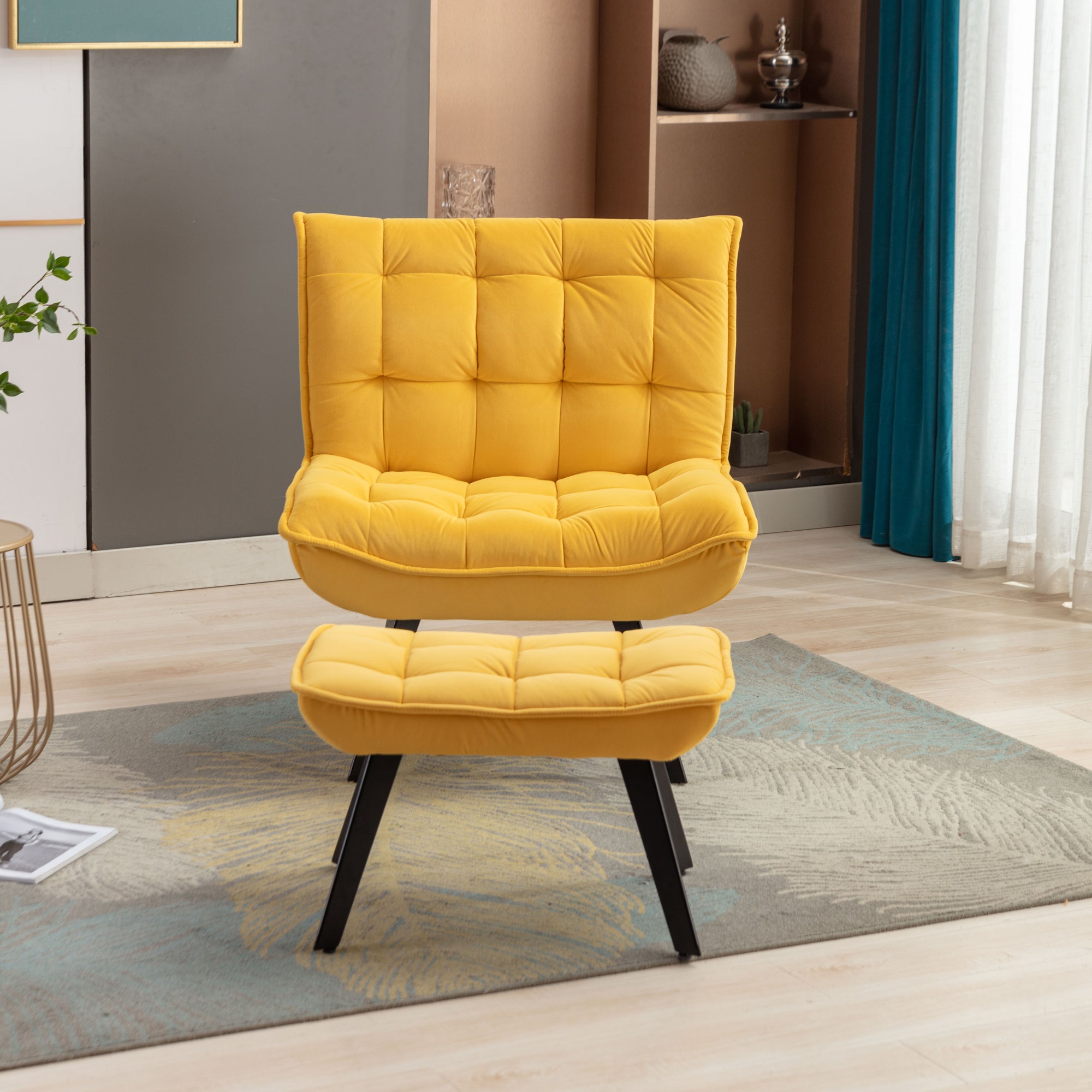 Modern Velvet Fabric Ottoman Lounge Chair with Metal Legs & Footrest Set- Yellow_4