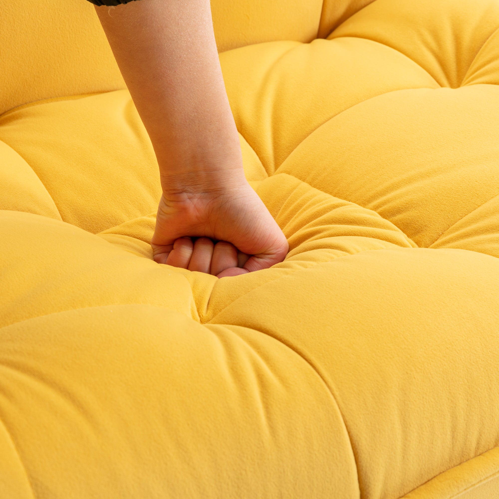 Modern Velvet Fabric Ottoman Lounge Chair with Metal Legs & Footrest Set- Yellow_5