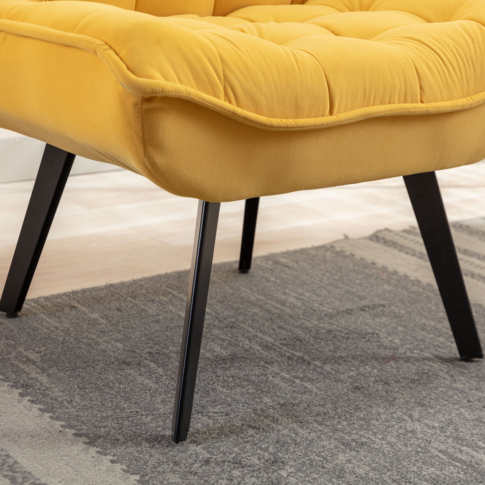 Modern Velvet Fabric Ottoman Lounge Chair with Metal Legs & Footrest Set- Yellow_8