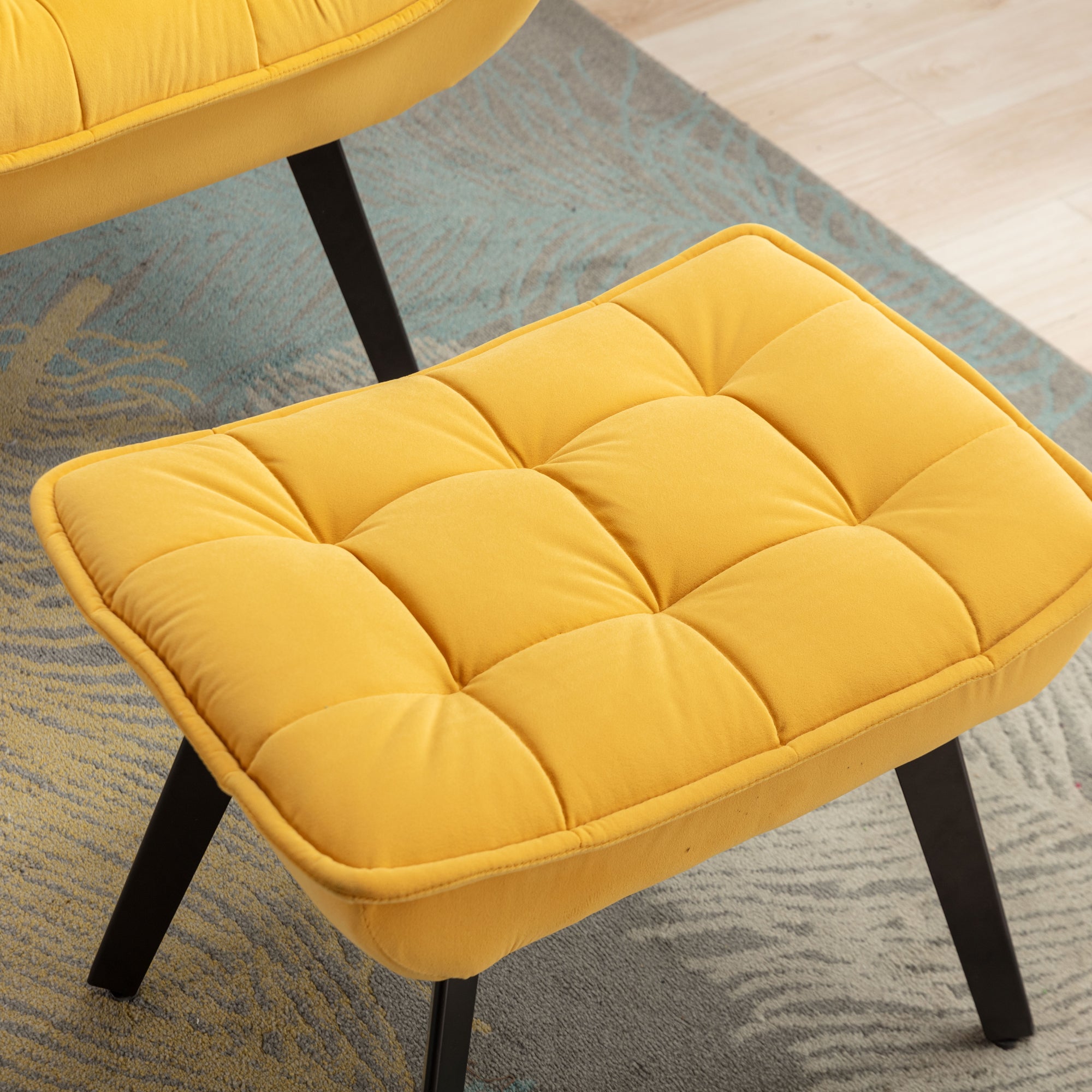 Modern Velvet Fabric Ottoman Lounge Chair with Metal Legs & Footrest Set- Yellow_9