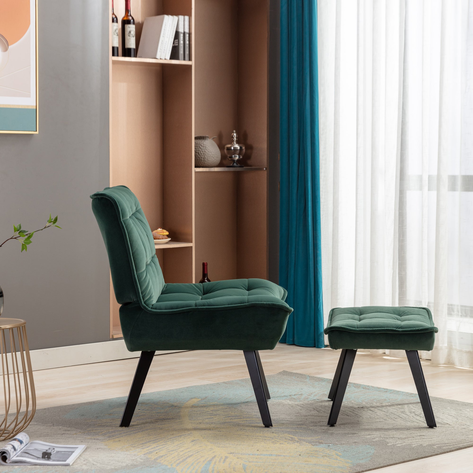 Modern Velvet Fabric Ottoman Lounge Chair with Metal Legs & Footrest Set- Dark Green_10