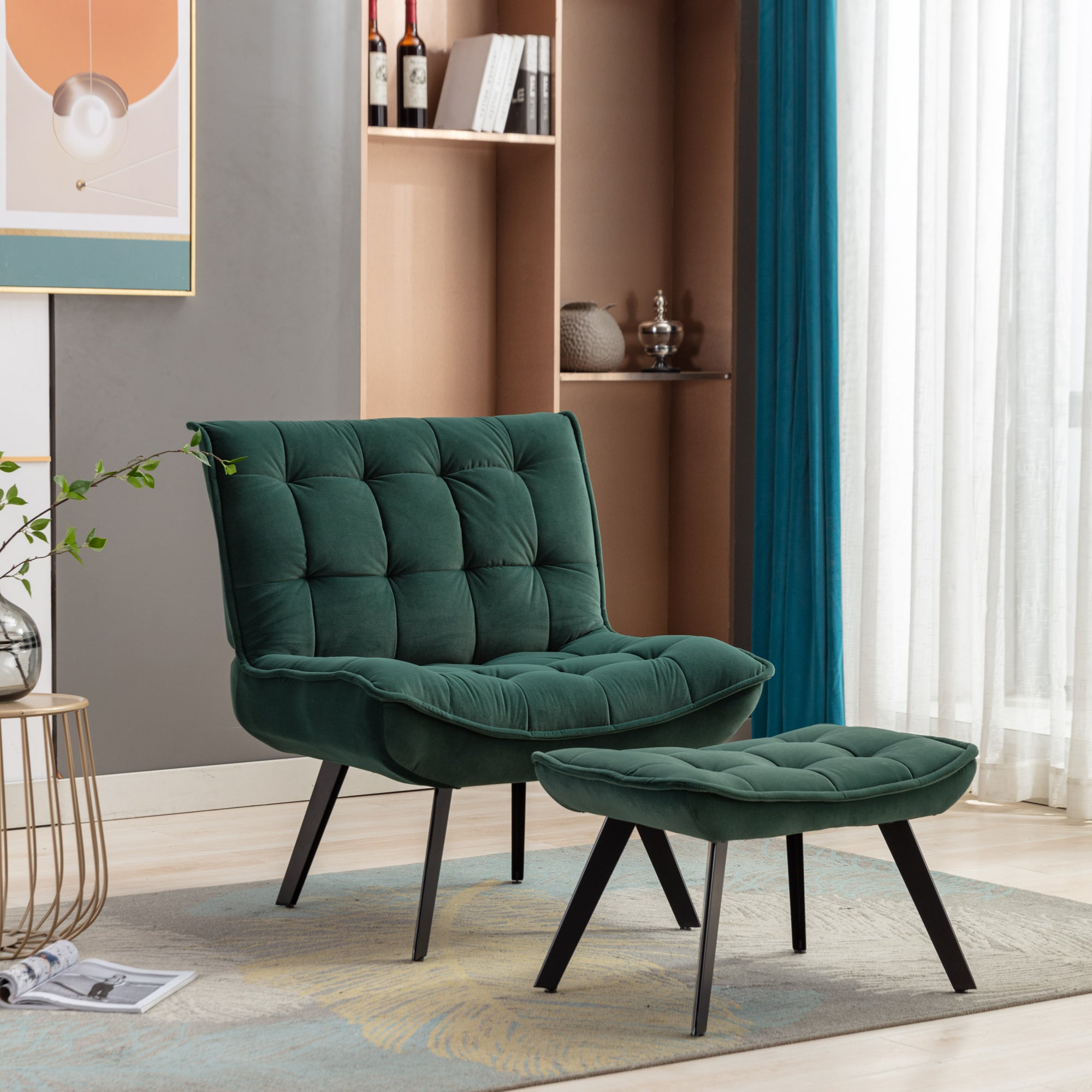 Modern Velvet Fabric Ottoman Lounge Chair with Metal Legs & Footrest Set- Dark Green_11