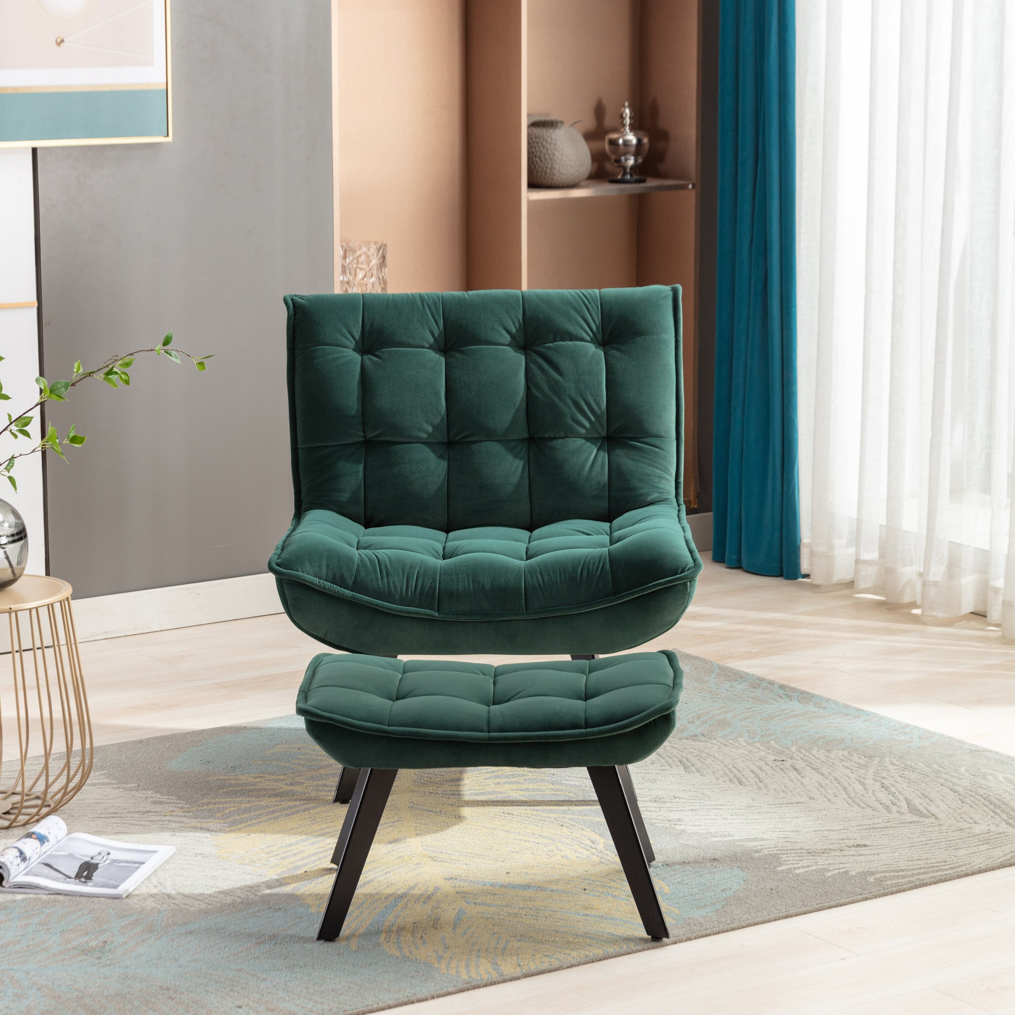 Modern Velvet Fabric Ottoman Lounge Chair with Metal Legs & Footrest Set- Dark Green_12