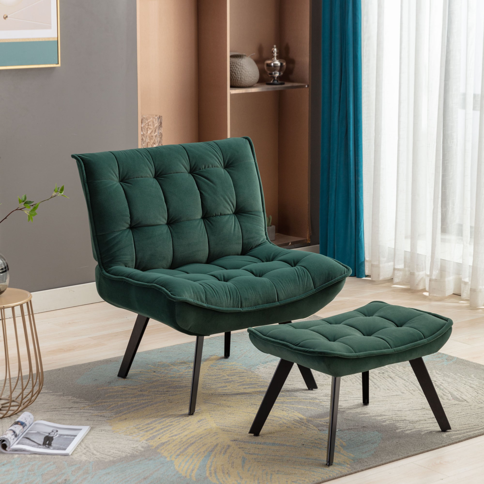 Modern Velvet Fabric Ottoman Lounge Chair with Metal Legs & Footrest Set- Dark Green_13
