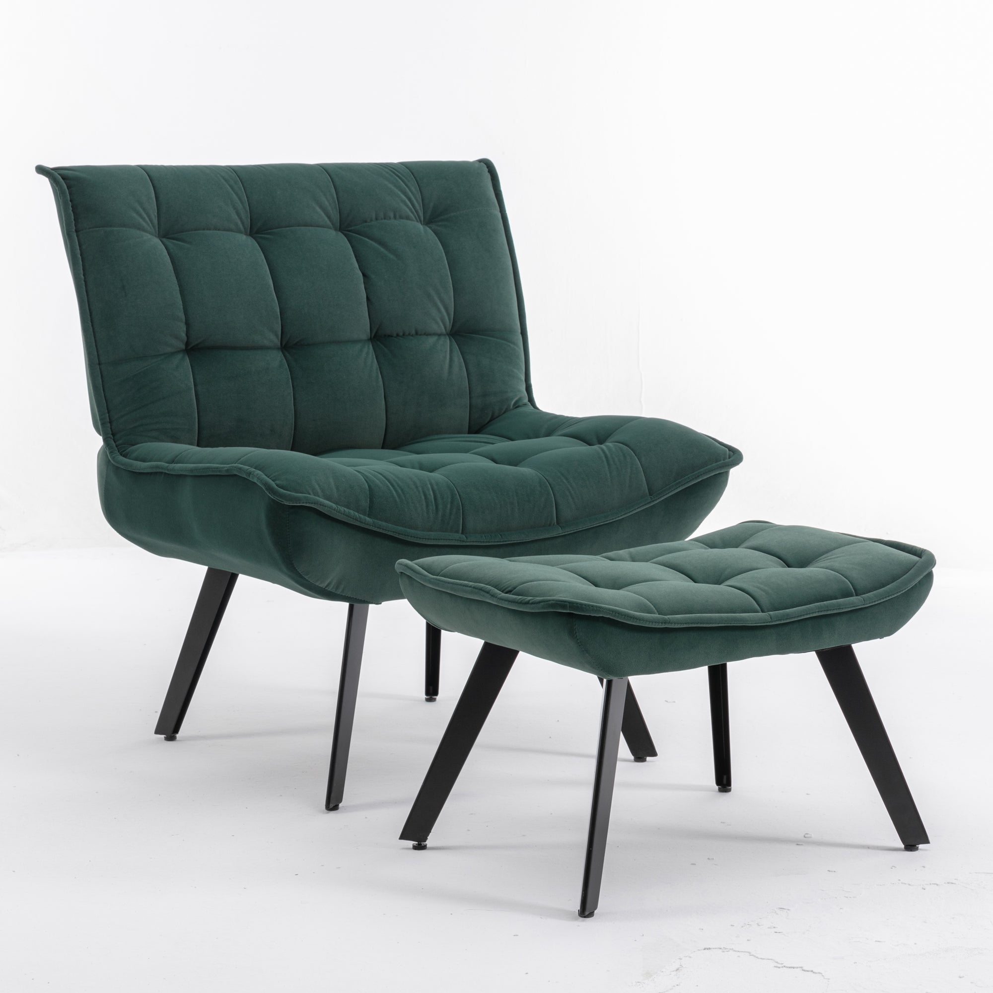 Modern Velvet Fabric Ottoman Lounge Chair with Metal Legs & Footrest Set- Dark Green_14