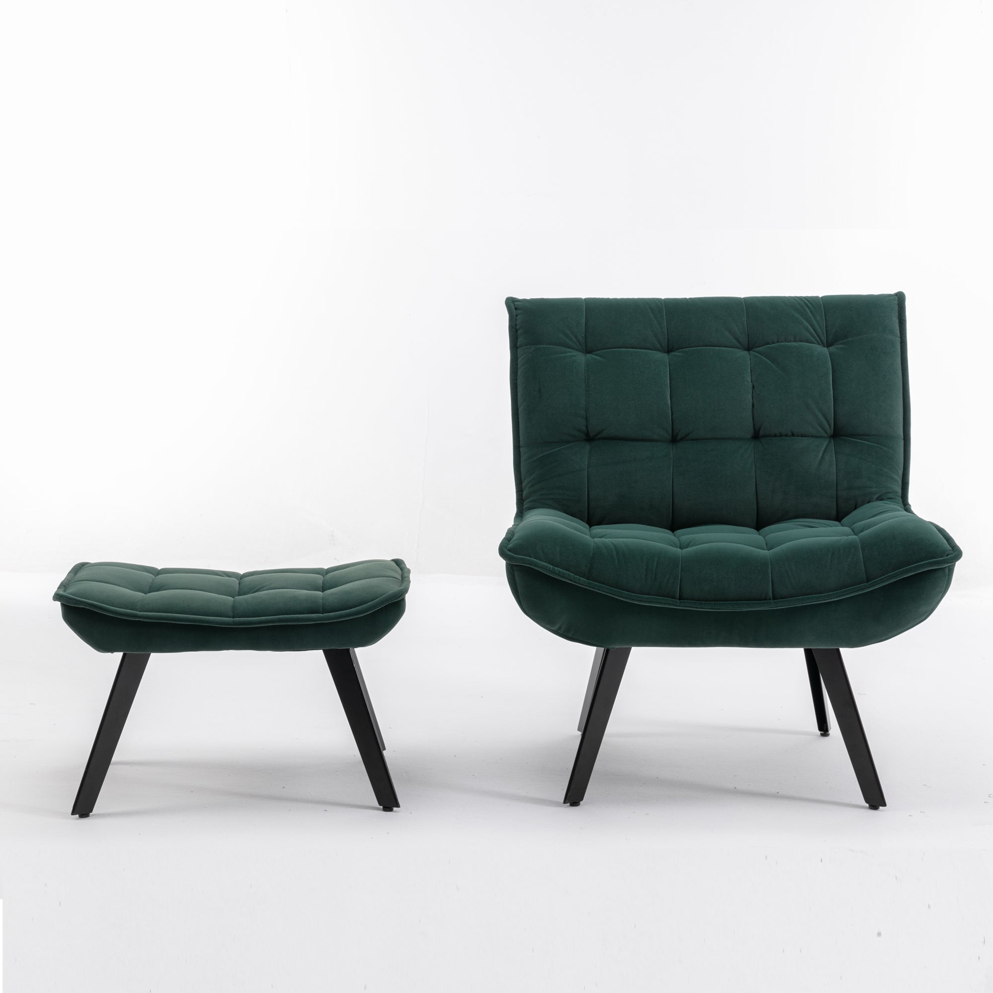 Modern Velvet Fabric Ottoman Lounge Chair with Metal Legs & Footrest Set- Dark Green_15
