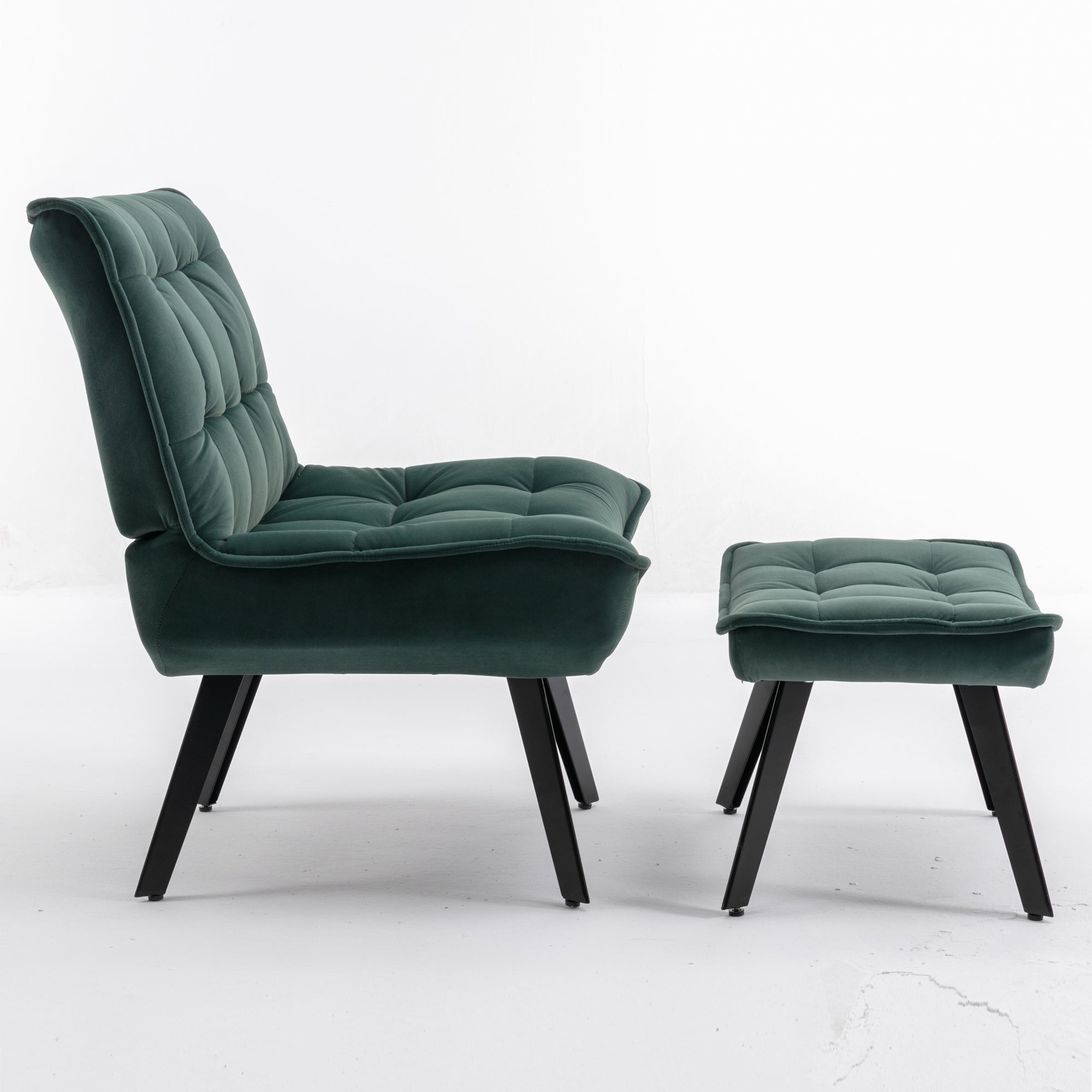 Modern Velvet Fabric Ottoman Lounge Chair with Metal Legs & Footrest Set- Dark Green_16