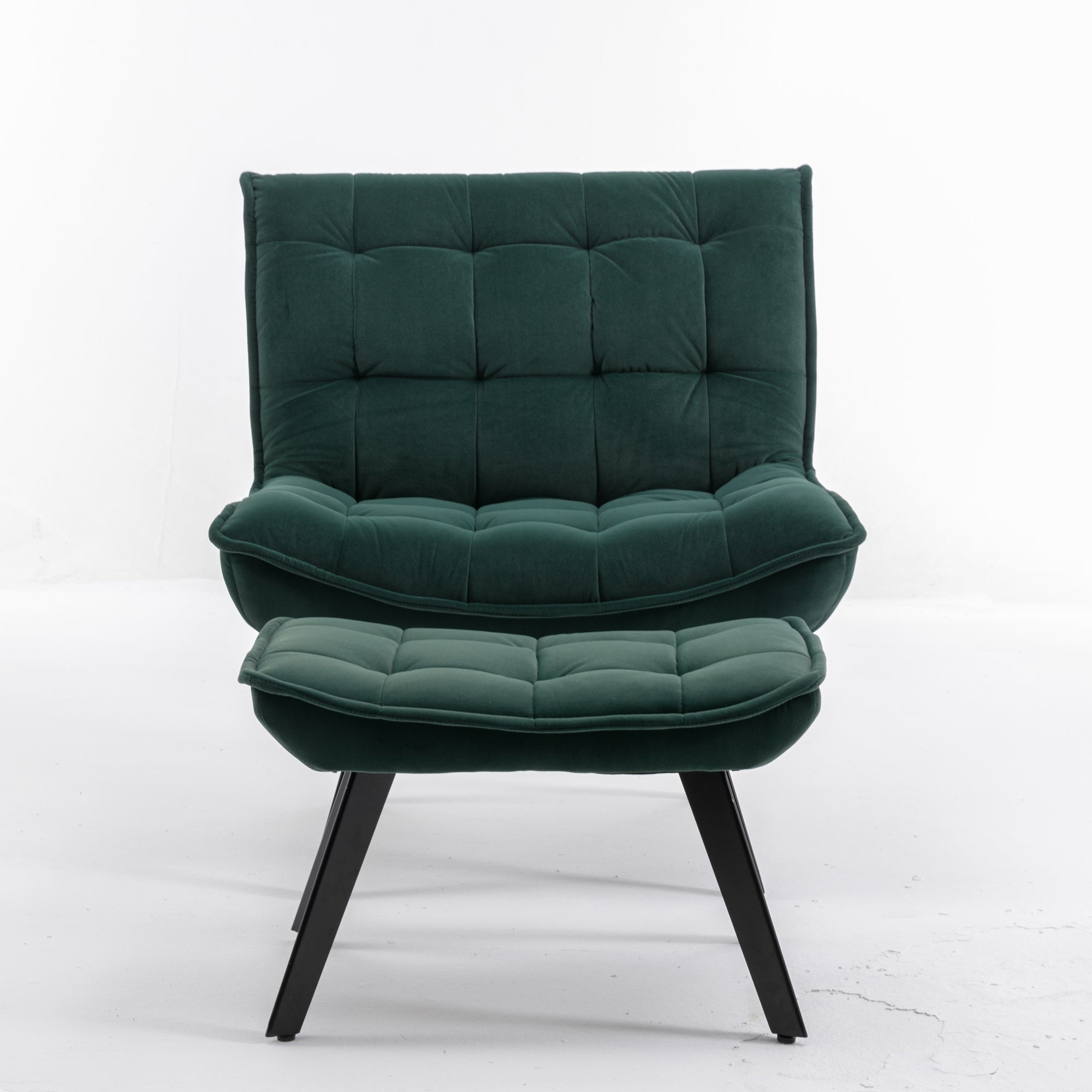 Modern Velvet Fabric Ottoman Lounge Chair with Metal Legs & Footrest Set- Dark Green_17
