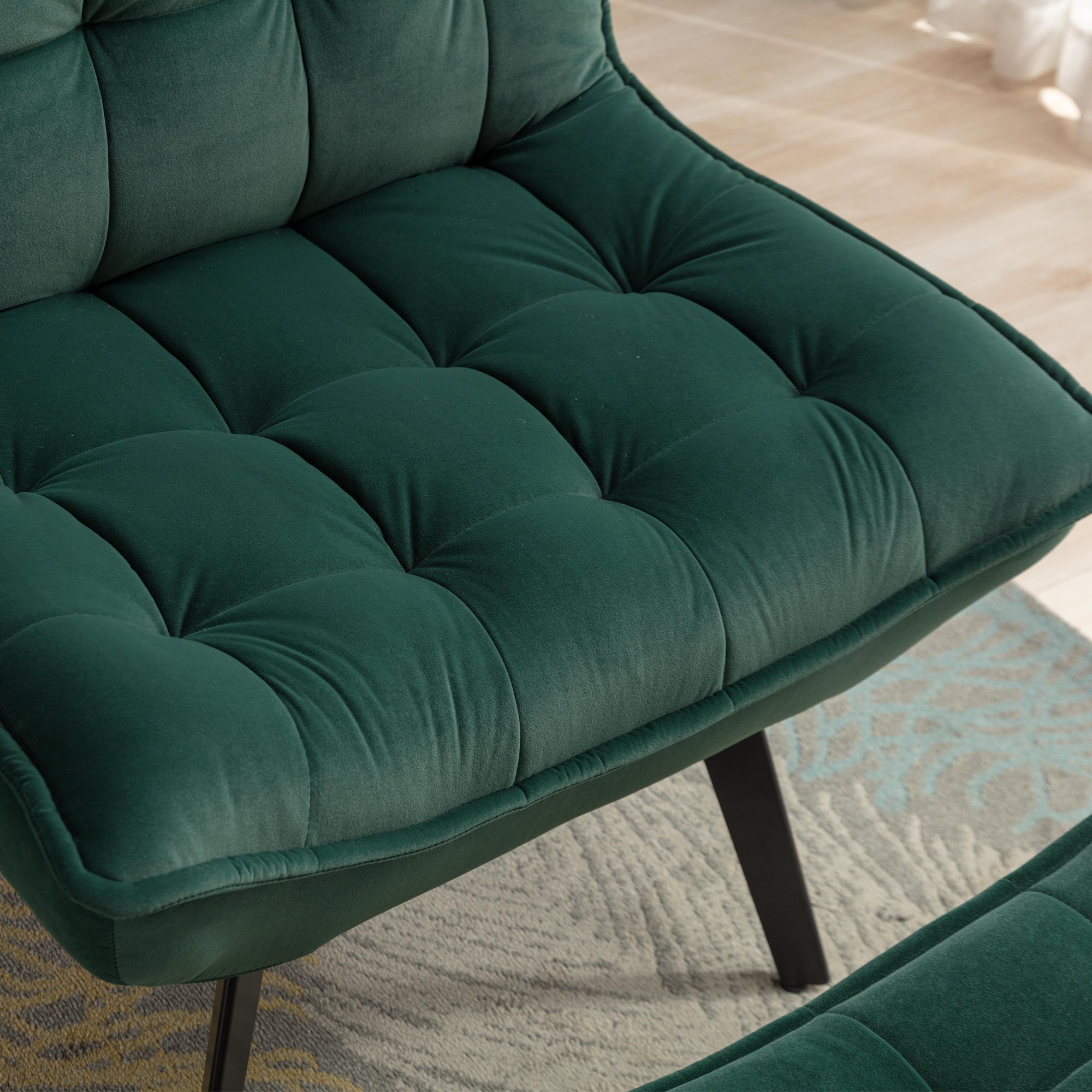 Modern Velvet Fabric Ottoman Lounge Chair with Metal Legs & Footrest Set- Dark Green_4