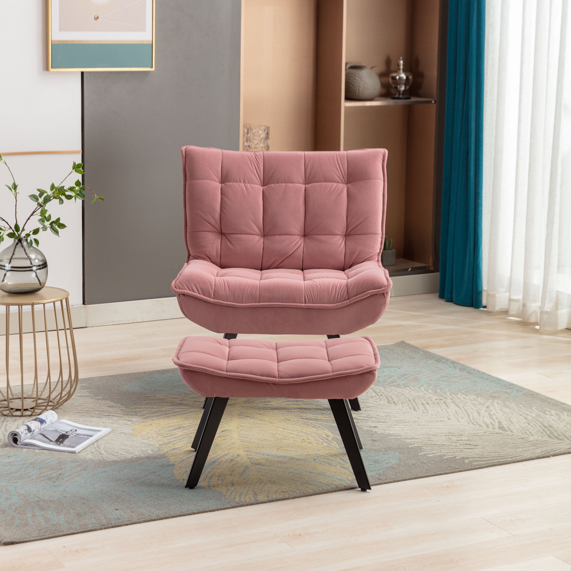 Modern Velvet Fabric Ottoman Lounge Chair with Metal Legs & Footrest Set- Pink_10