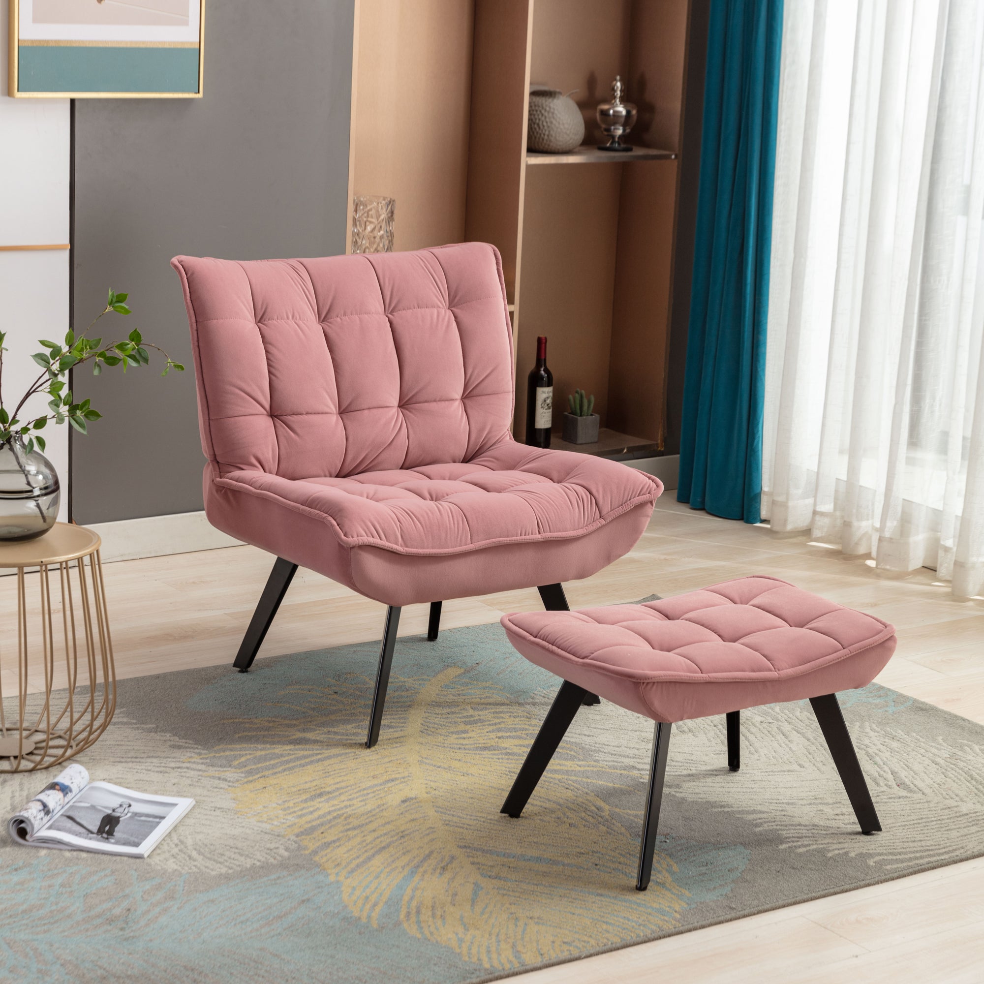 Modern Velvet Fabric Ottoman Lounge Chair with Metal Legs & Footrest Set- Pink_11