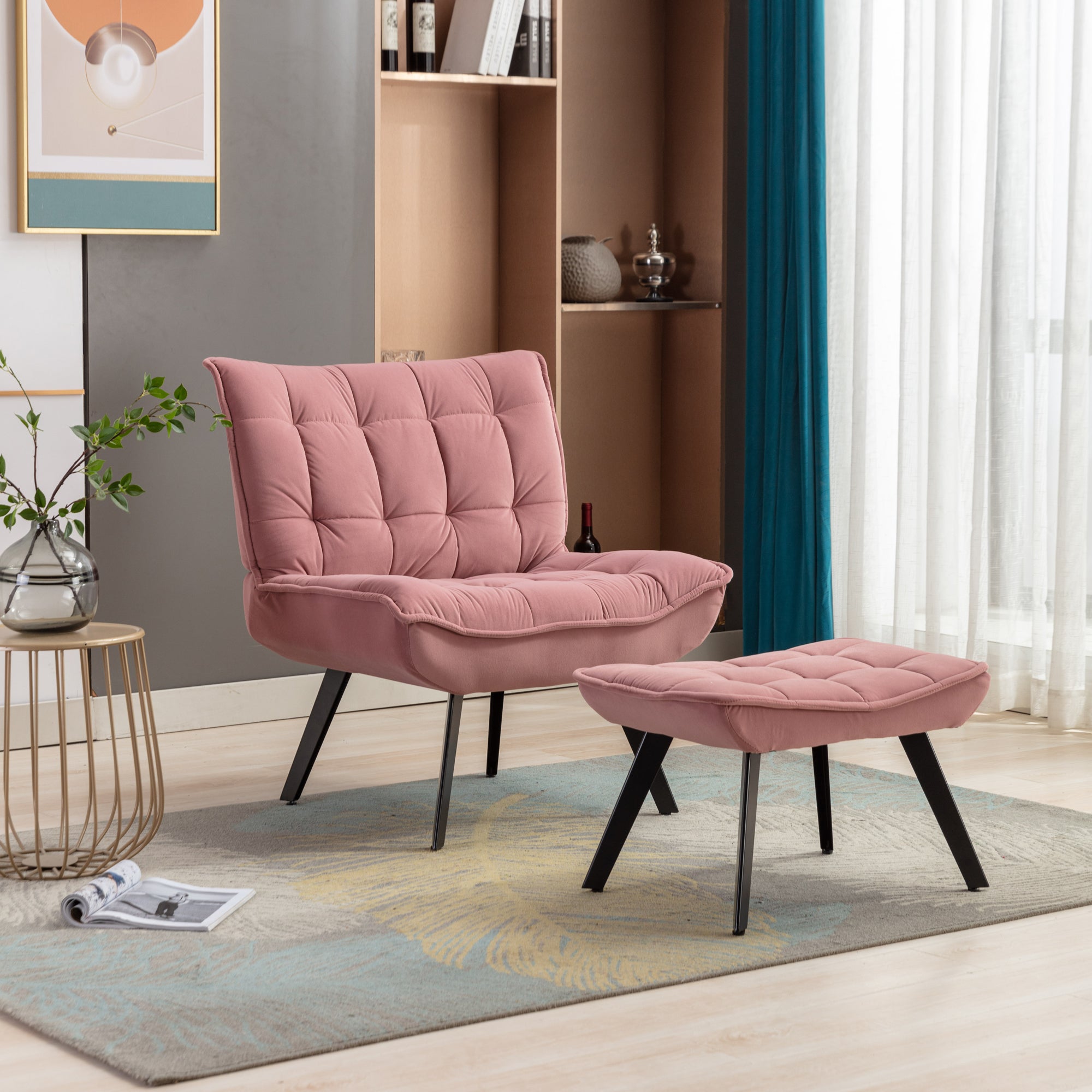 Modern Velvet Fabric Ottoman Lounge Chair with Metal Legs & Footrest Set- Pink_12