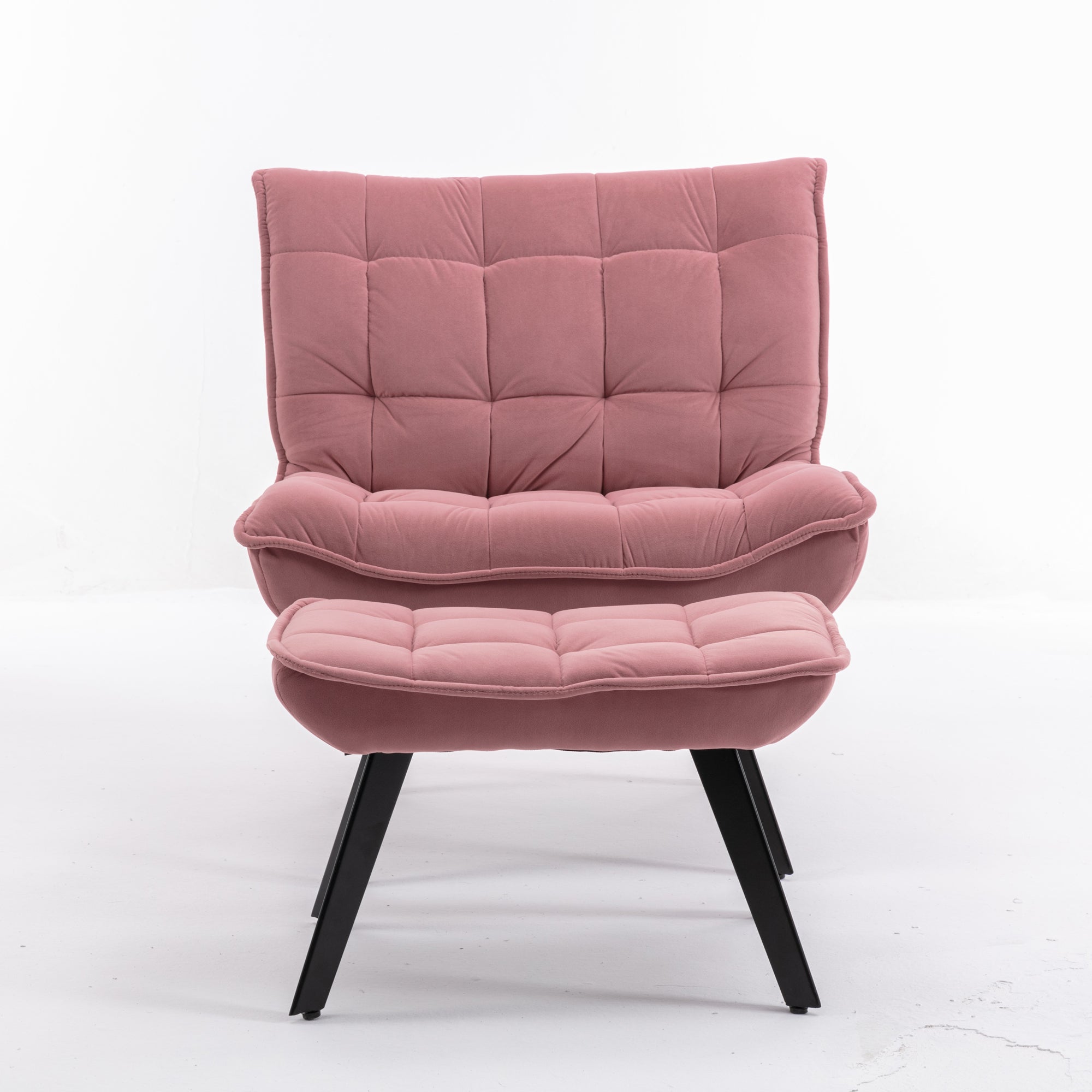 Modern Velvet Fabric Ottoman Lounge Chair with Metal Legs & Footrest Set- Pink_13