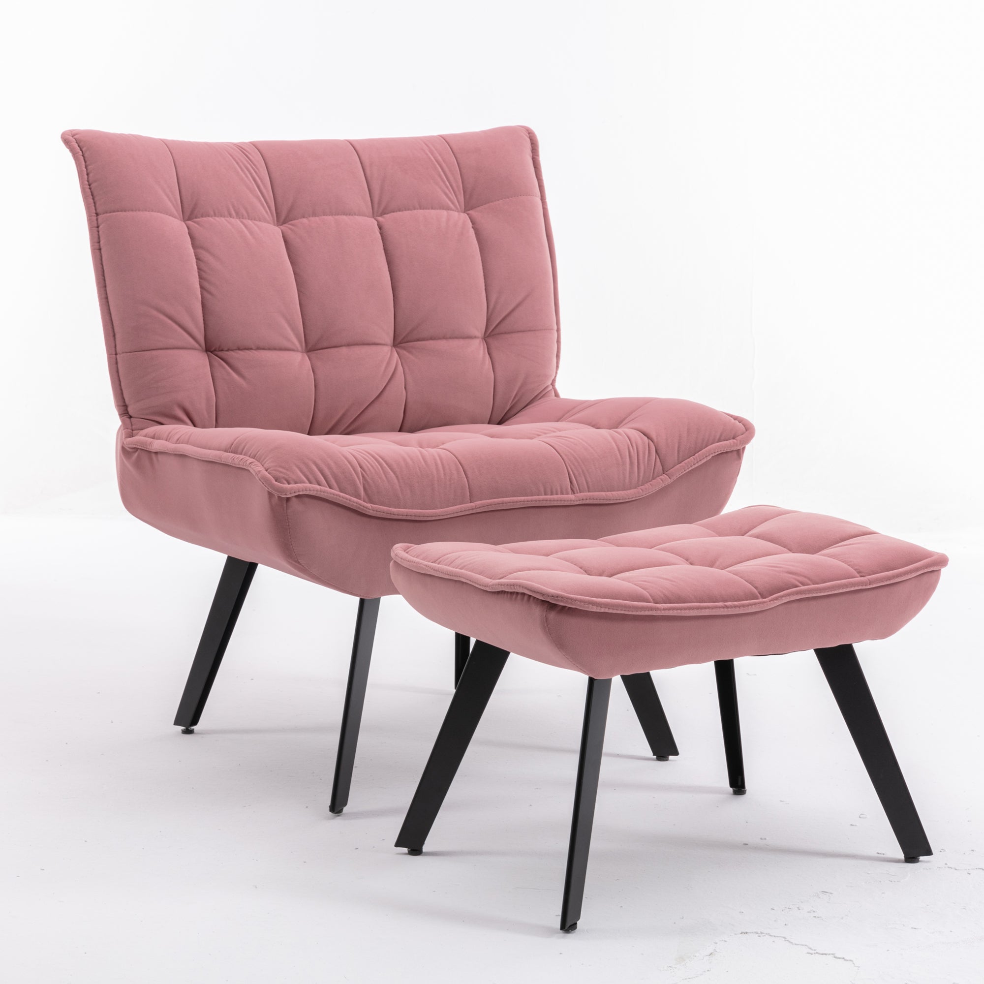 Modern Velvet Fabric Ottoman Lounge Chair with Metal Legs & Footrest Set- Pink_14