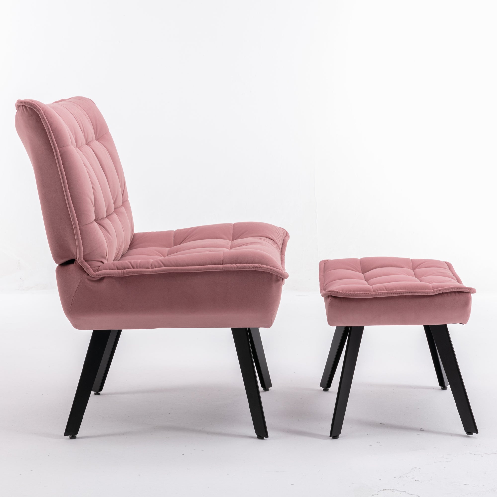 Modern Velvet Fabric Ottoman Lounge Chair with Metal Legs & Footrest Set- Pink_15