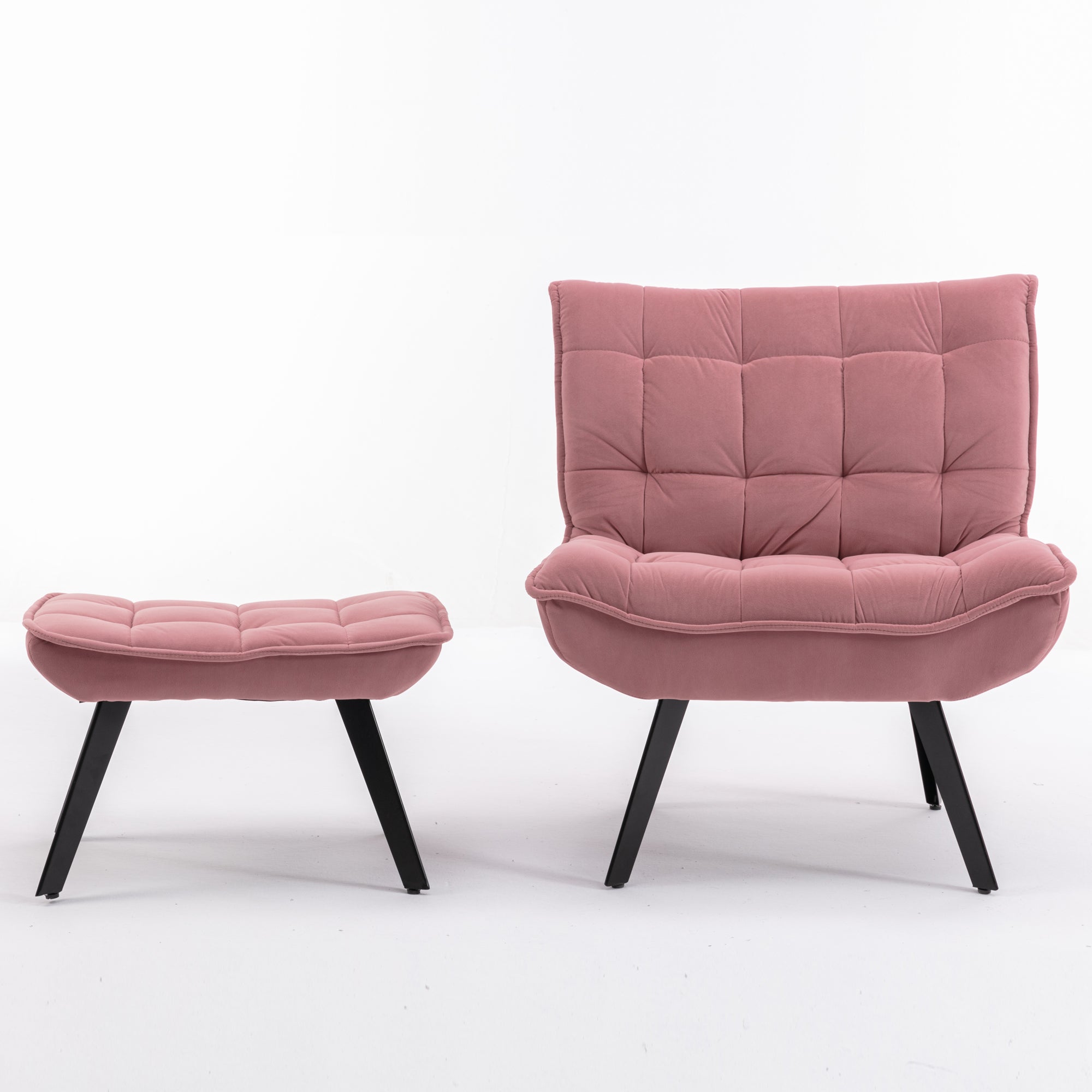 Modern Velvet Fabric Ottoman Lounge Chair with Metal Legs & Footrest Set- Pink_16