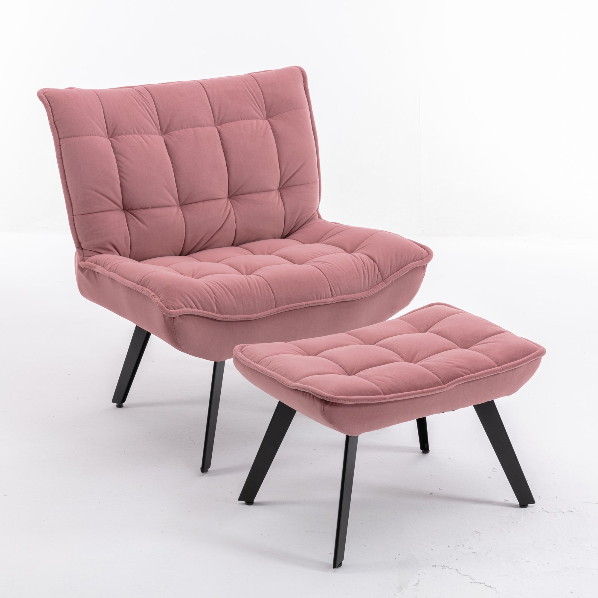 Modern Velvet Fabric Ottoman Lounge Chair with Metal Legs & Footrest Set- Pink_17