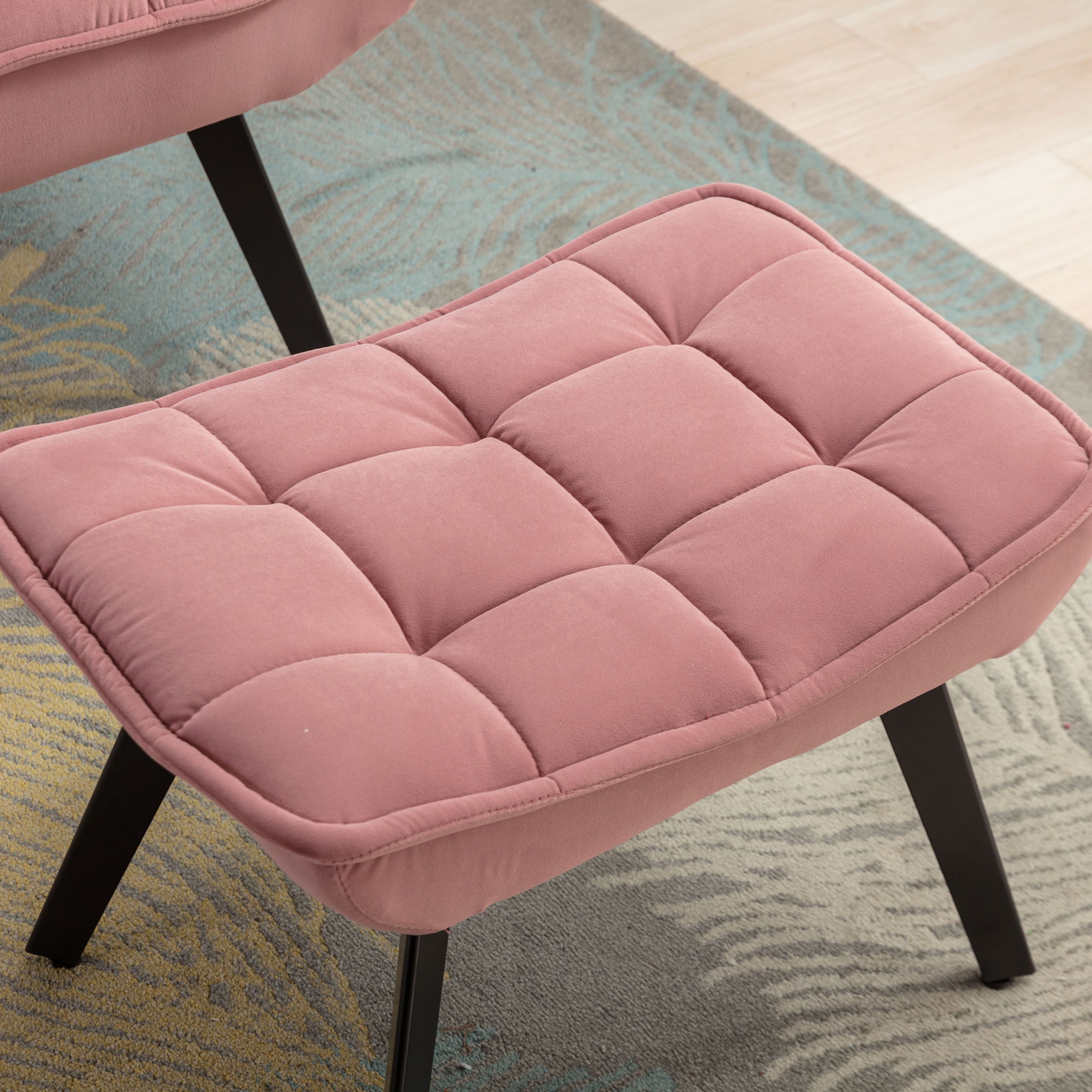 Modern Velvet Fabric Ottoman Lounge Chair with Metal Legs & Footrest Set- Pink_3