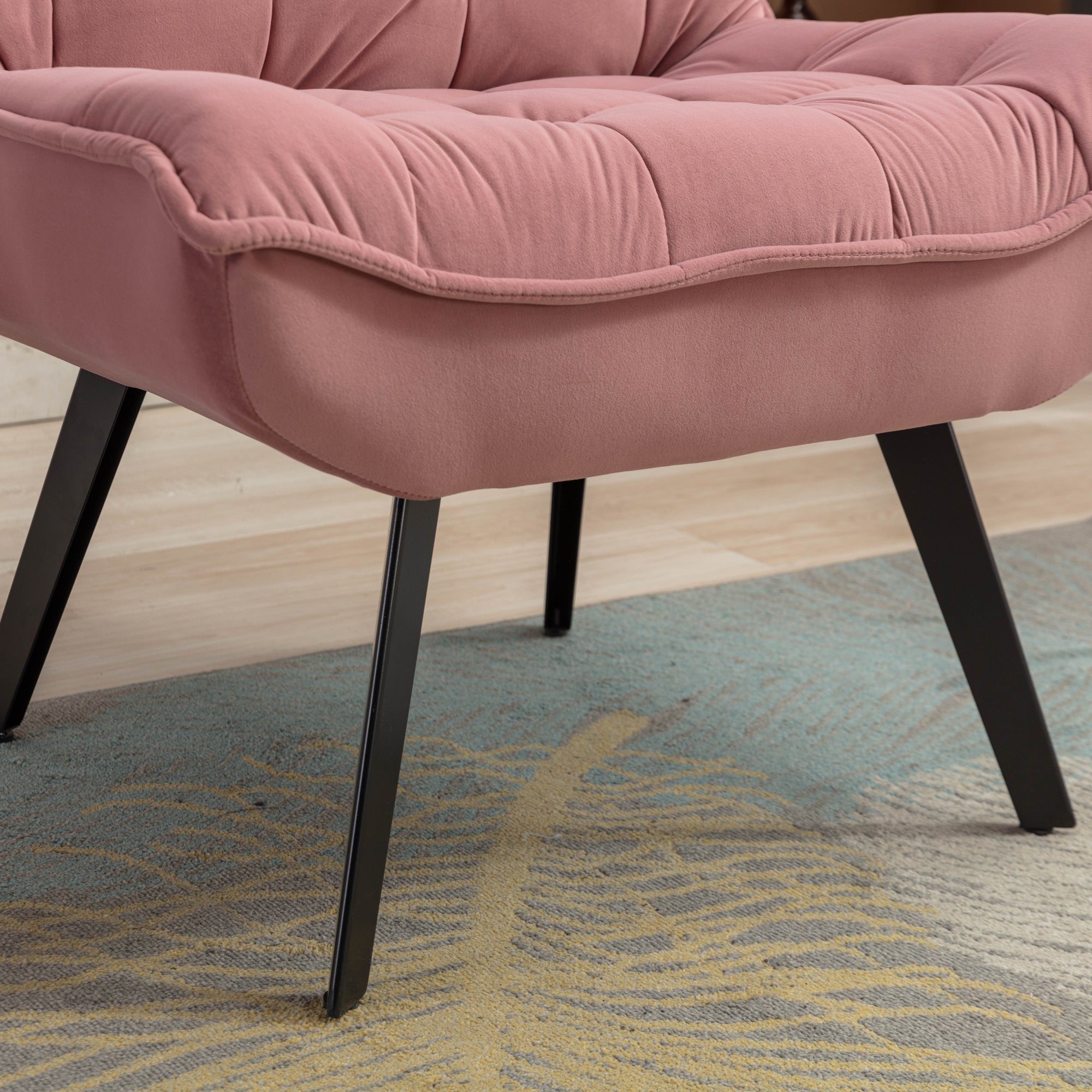 Modern Velvet Fabric Ottoman Lounge Chair with Metal Legs & Footrest Set- Pink_4
