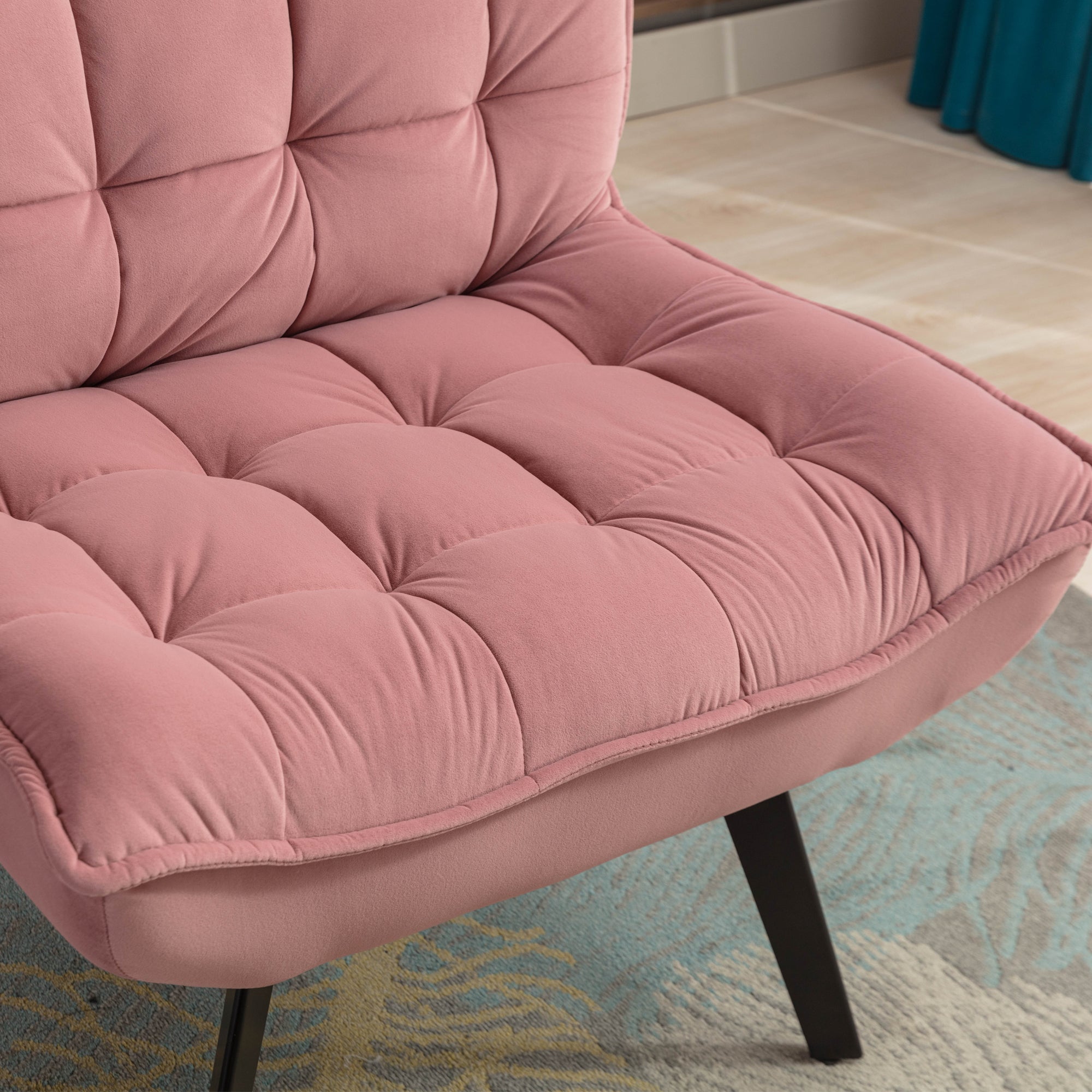 Modern Velvet Fabric Ottoman Lounge Chair with Metal Legs & Footrest Set- Pink_6