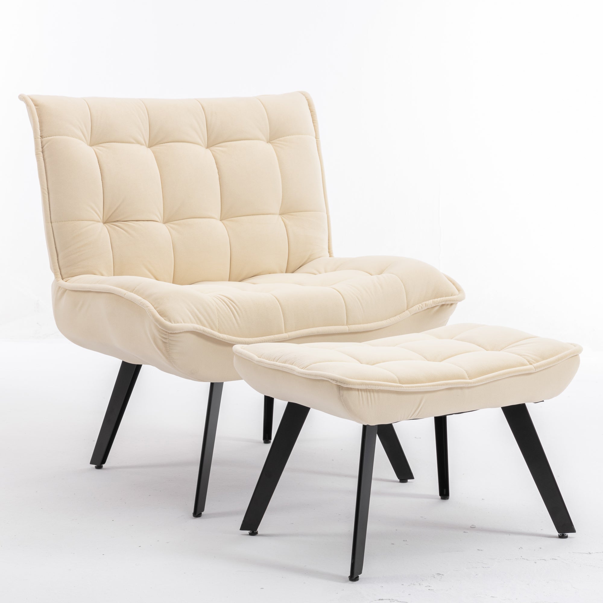 Modern Velvet Fabric Ottoman Lounge Chair with Metal Legs & Footrest Set- White_11