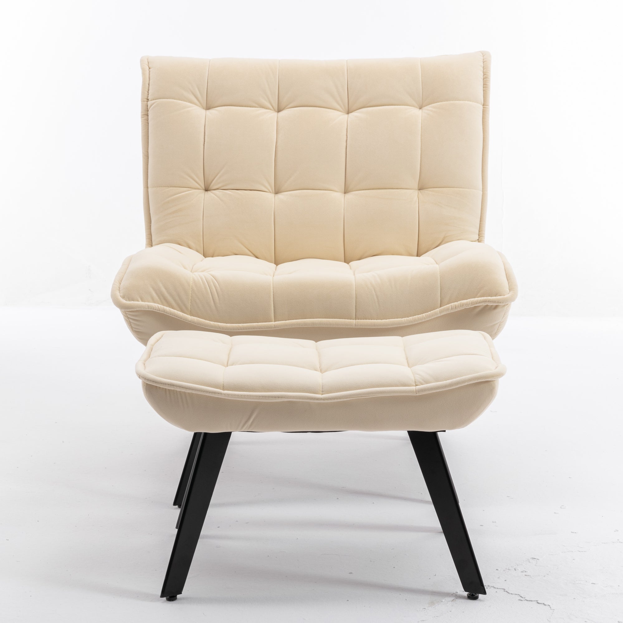 Modern Velvet Fabric Ottoman Lounge Chair with Metal Legs & Footrest Set- White_14