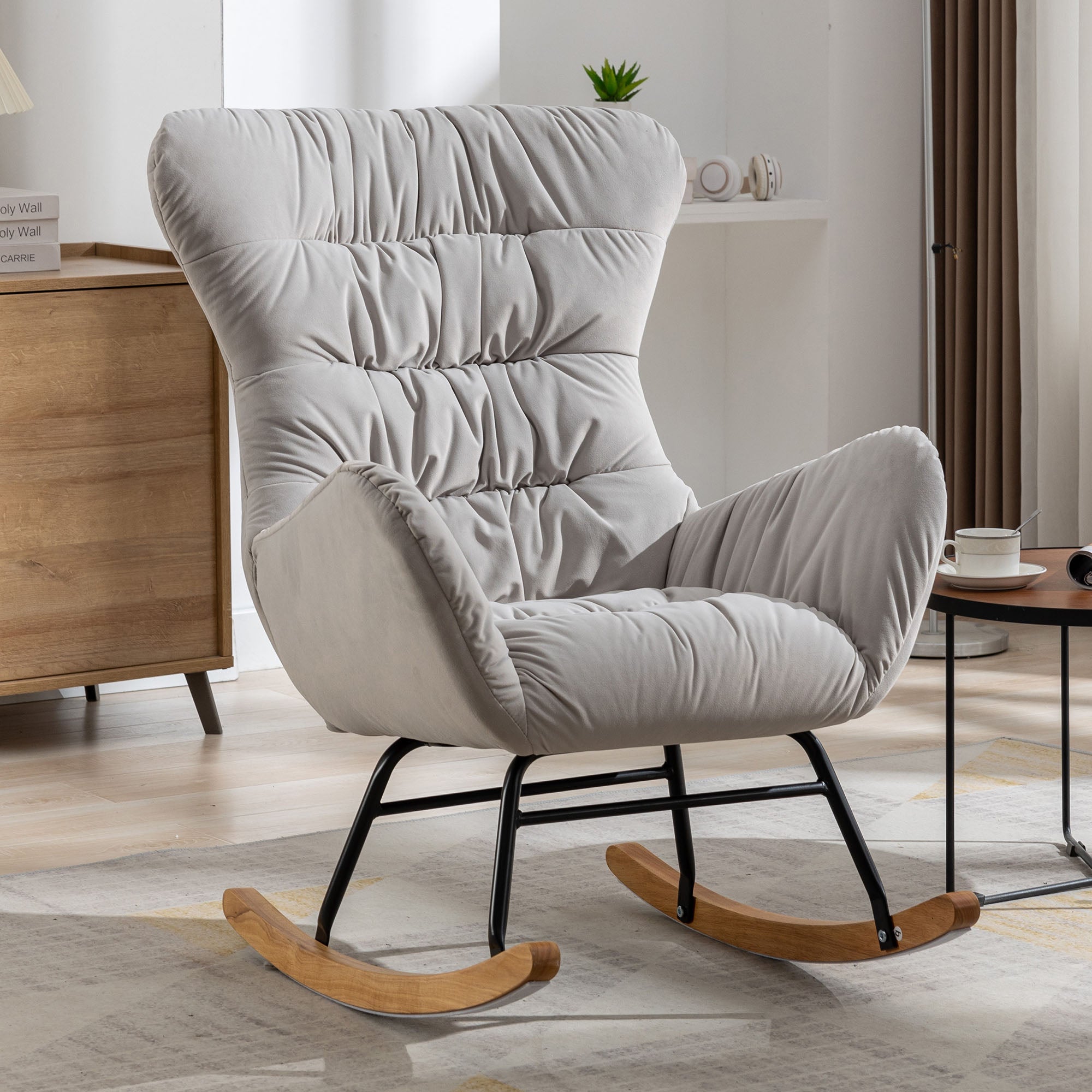 Modern Velvet Fabric Rocking Chair Accent Armchair with Wooden Legs- Gray_1