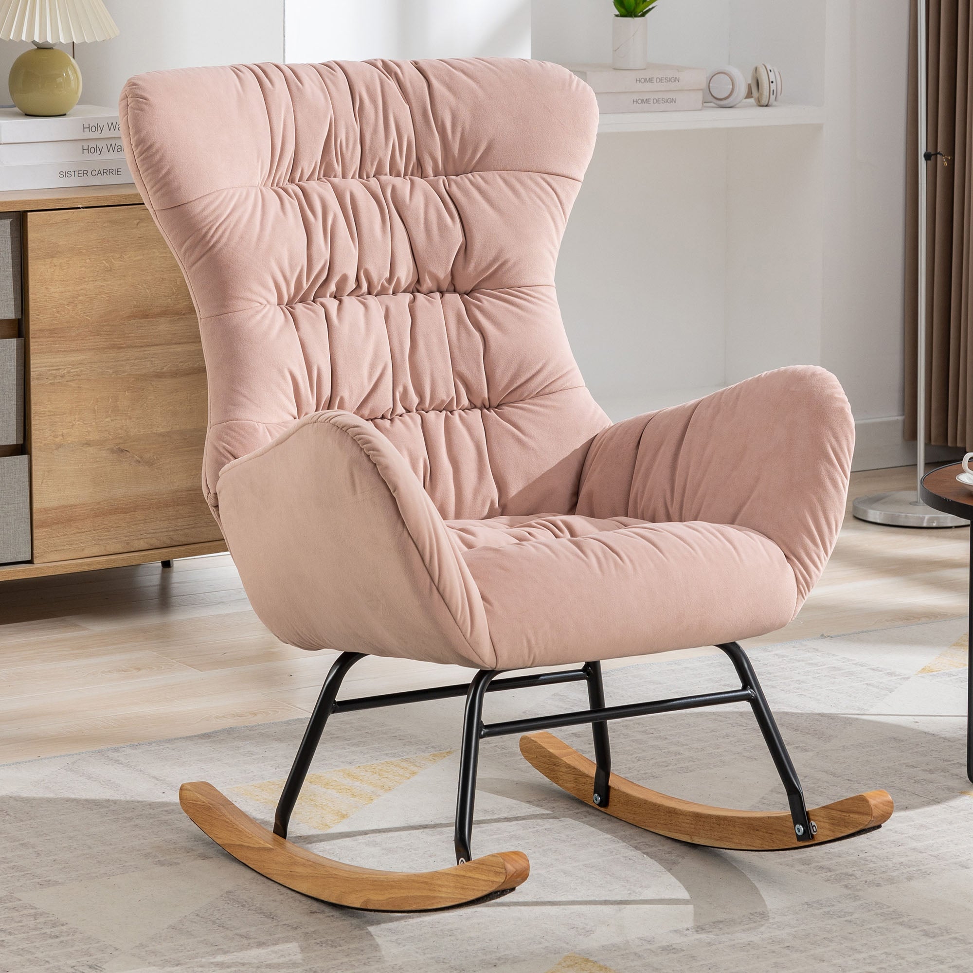 Modern Velvet Fabric Rocking Chair Accent Armchair with Wooden Legs- Pink_22