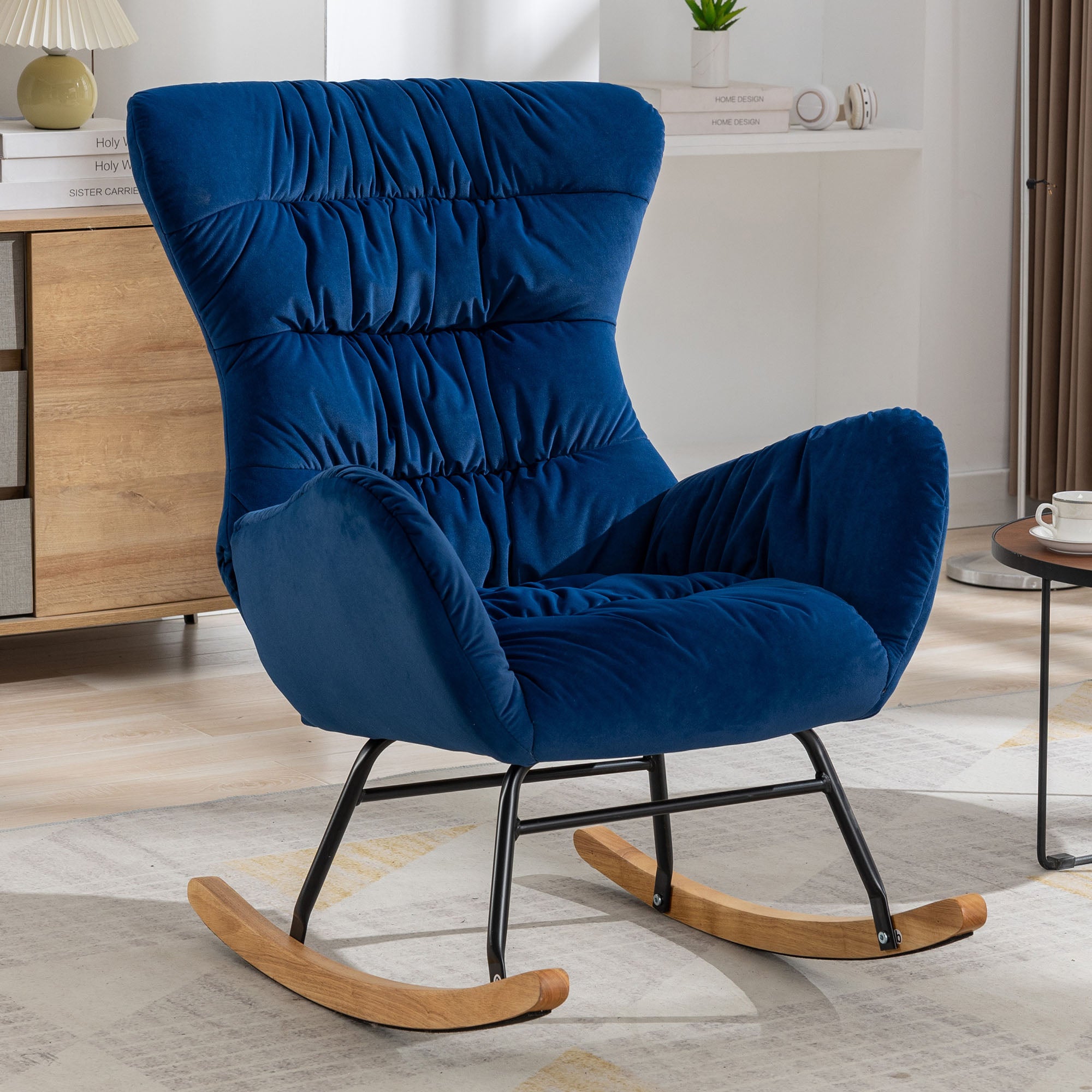Modern Velvet Fabric Rocking Chair Accent Armchair with Wooden Legs- Blue_2