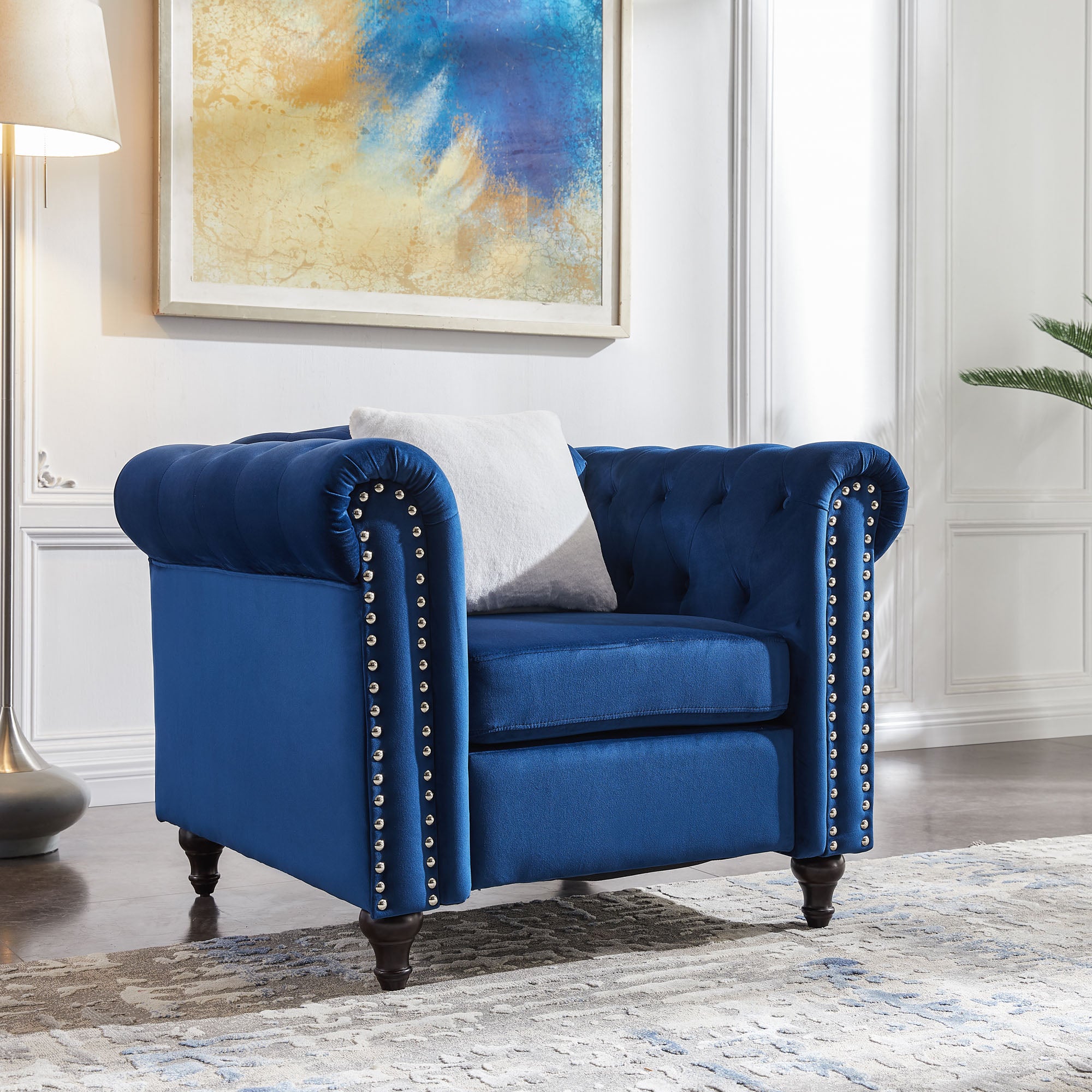 Contemporary Style Sofa Chair with Button and Copper Nail Details with Pillow- Blue_1
