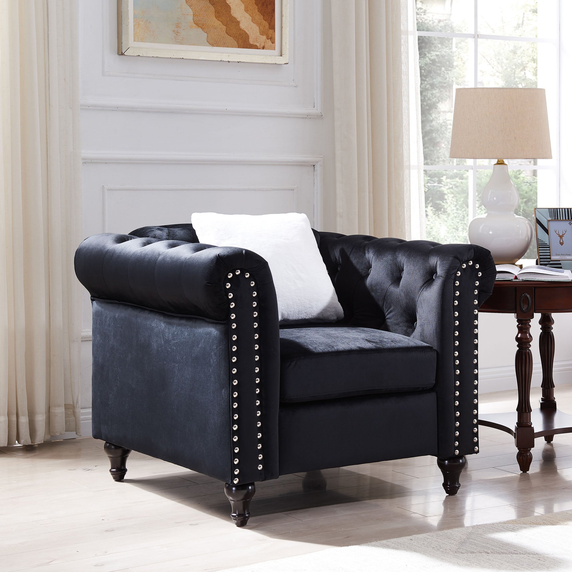 Contemporary Style Sofa Chair with Button and Copper Nail Details with Pillow- Black_0