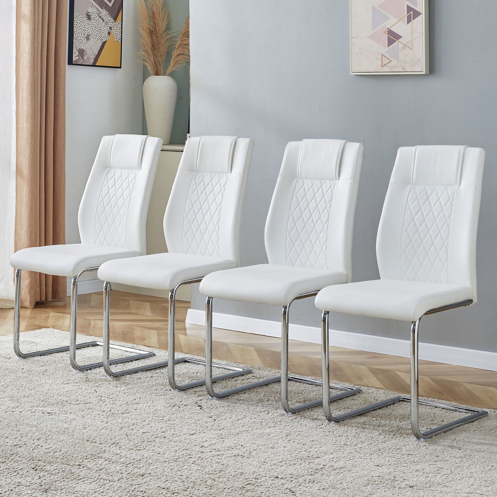 8 Pcs Faux Leather Upholstered Grid High Back Dining Chairs with Metal Base- White, Silver_0