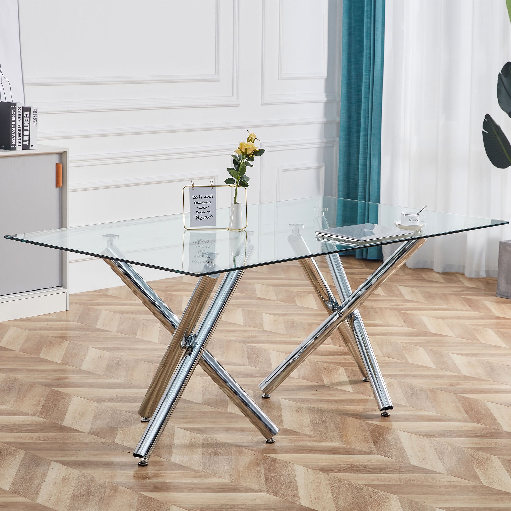 6-8 Seater Modern Kitchen Dining Table Rectangular Glass Table Top with Silver Metal Legs_0