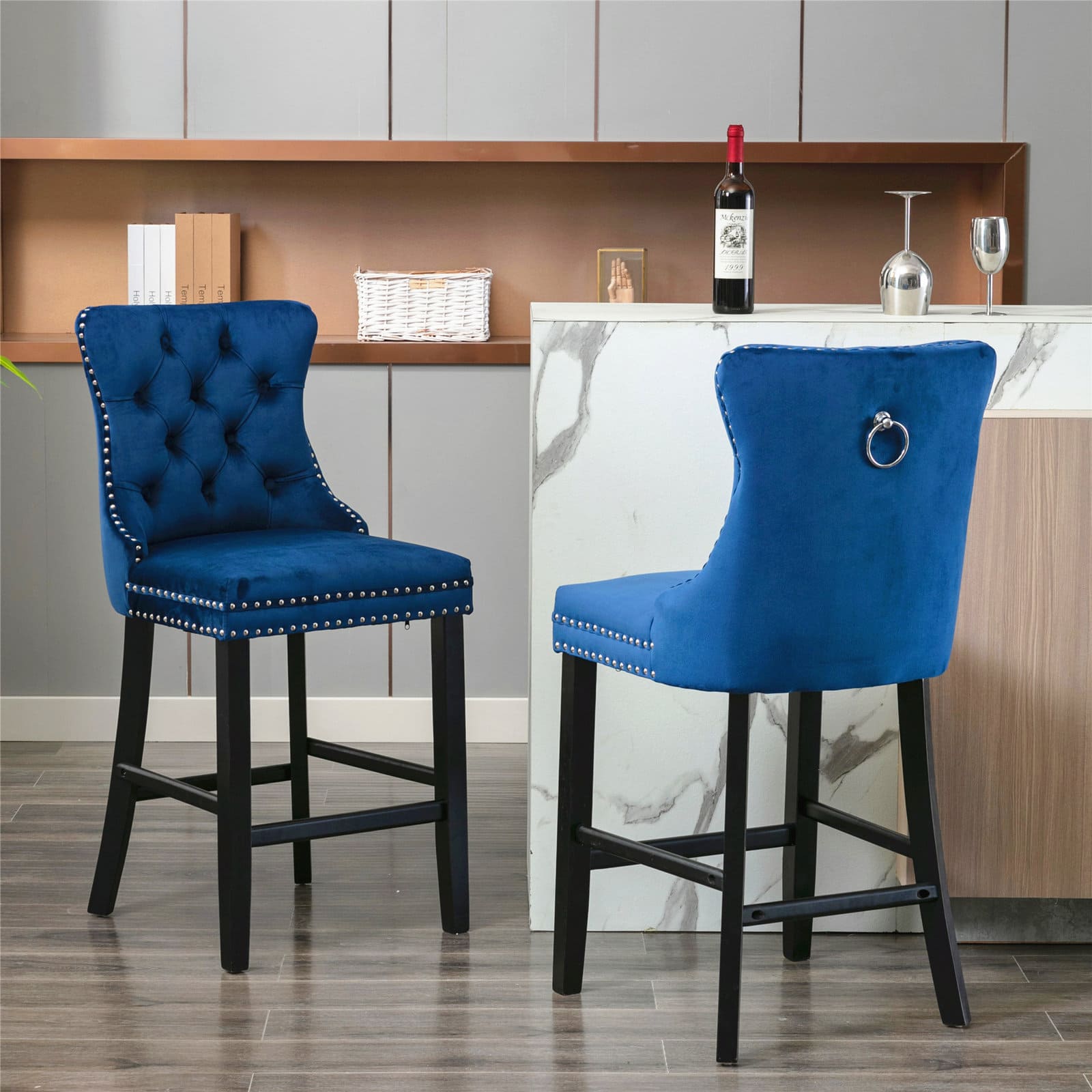 2 pcs High-End Chrome Detailed Tufted Contemporary Velvet Bar Stool with Wooden Legs- Blue, Black_0