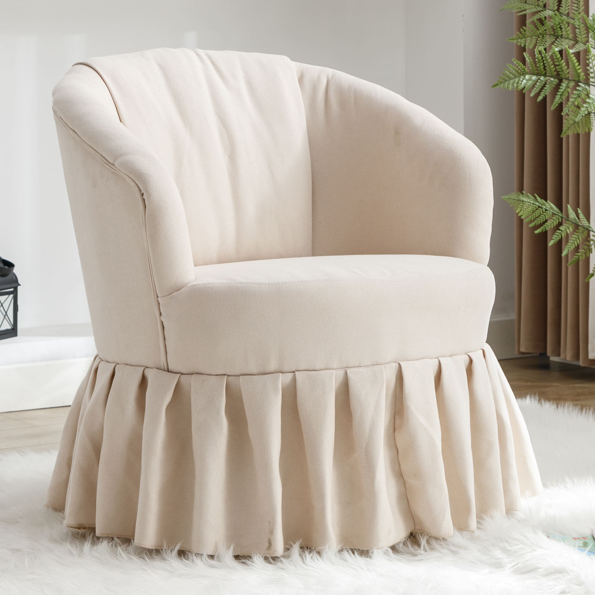 Linen Fabric Accent Swivel Chair Auditorium Chair With Pleated Skirt- Beige_0