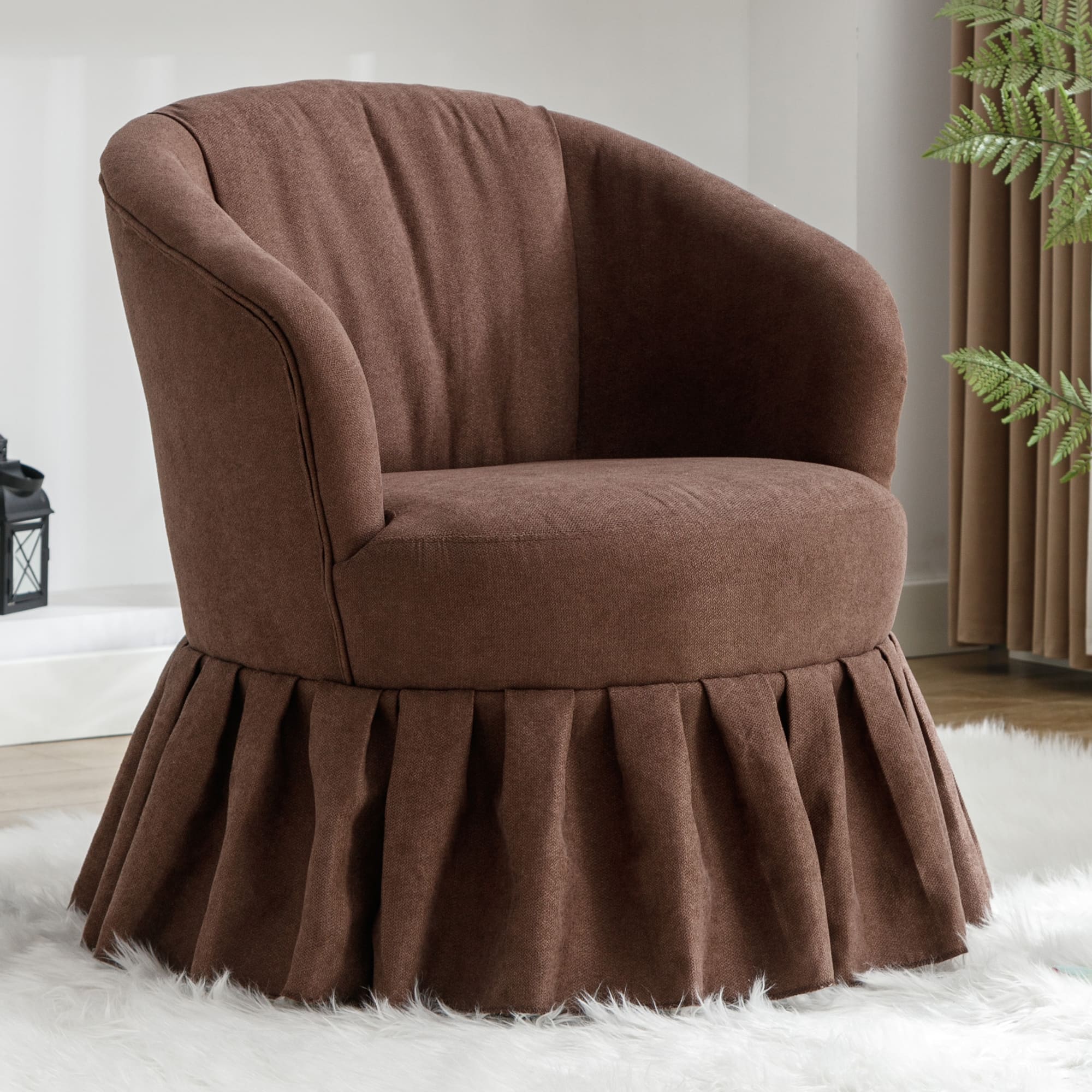 Linen Fabric Accent Swivel Chair Auditorium Chair With Pleated Skirt- Brown_0