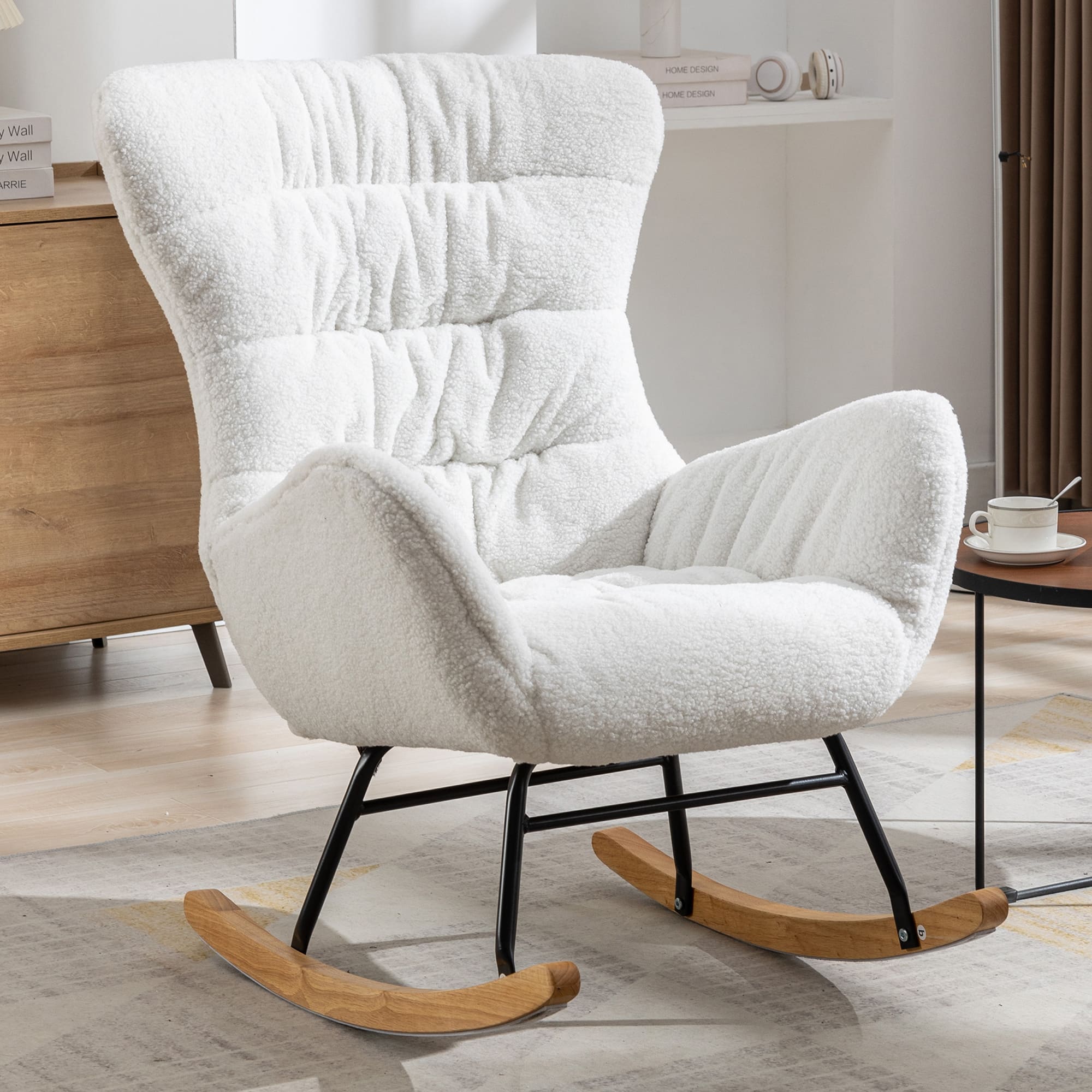 Modern Teddy Fabric Rocking Chair Accent Armchair with Wooden Legs- Ivory_14