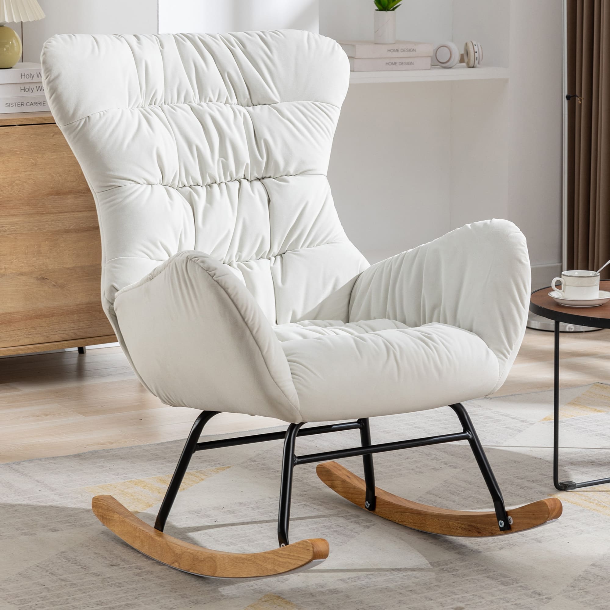 Modern Velvet Fabric Rocking Chair Accent Armchair with Wooden Legs- Ivory_0