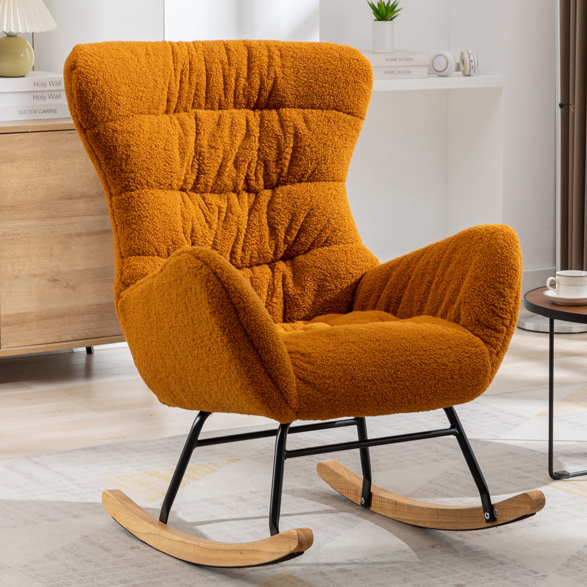Modern Teddy Fabric Rocking Chair Accent Armchair with Wooden Legs- Caramel_0