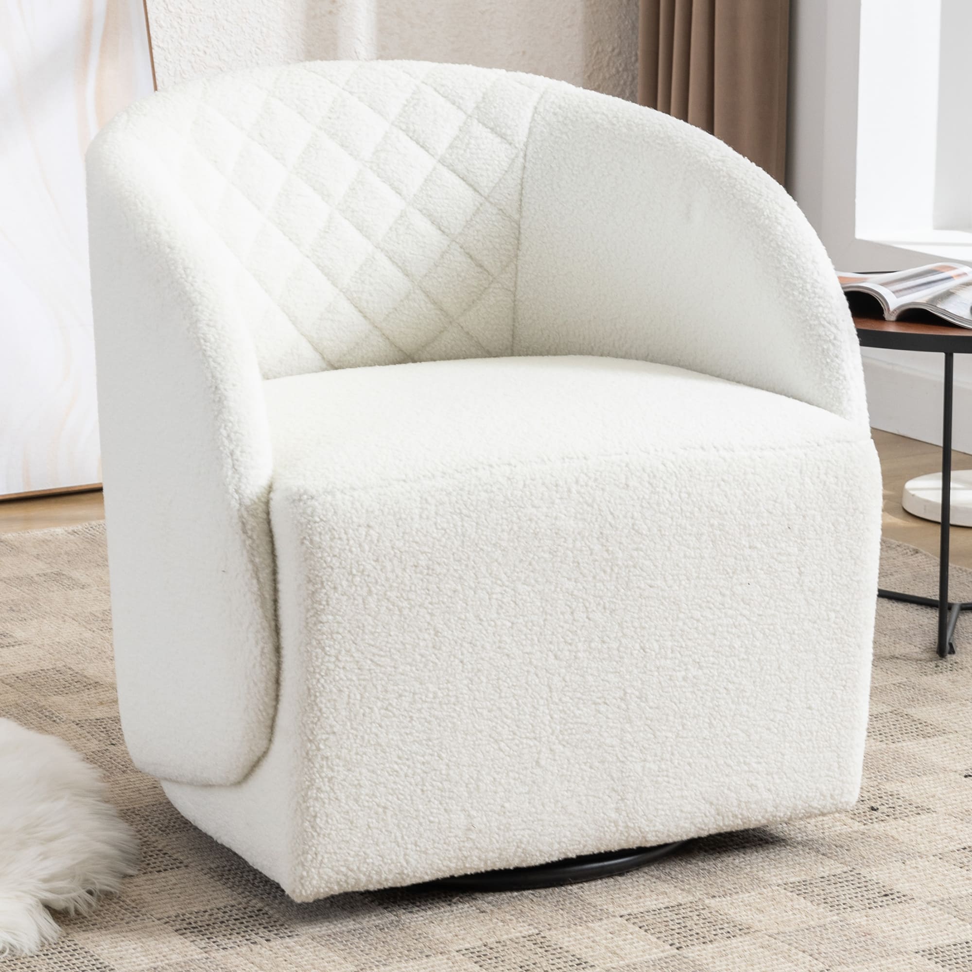 Modern Upholstered Teddy Fabric Curved Back Swivel Chair Accent Barrel Chair- Ivory_0