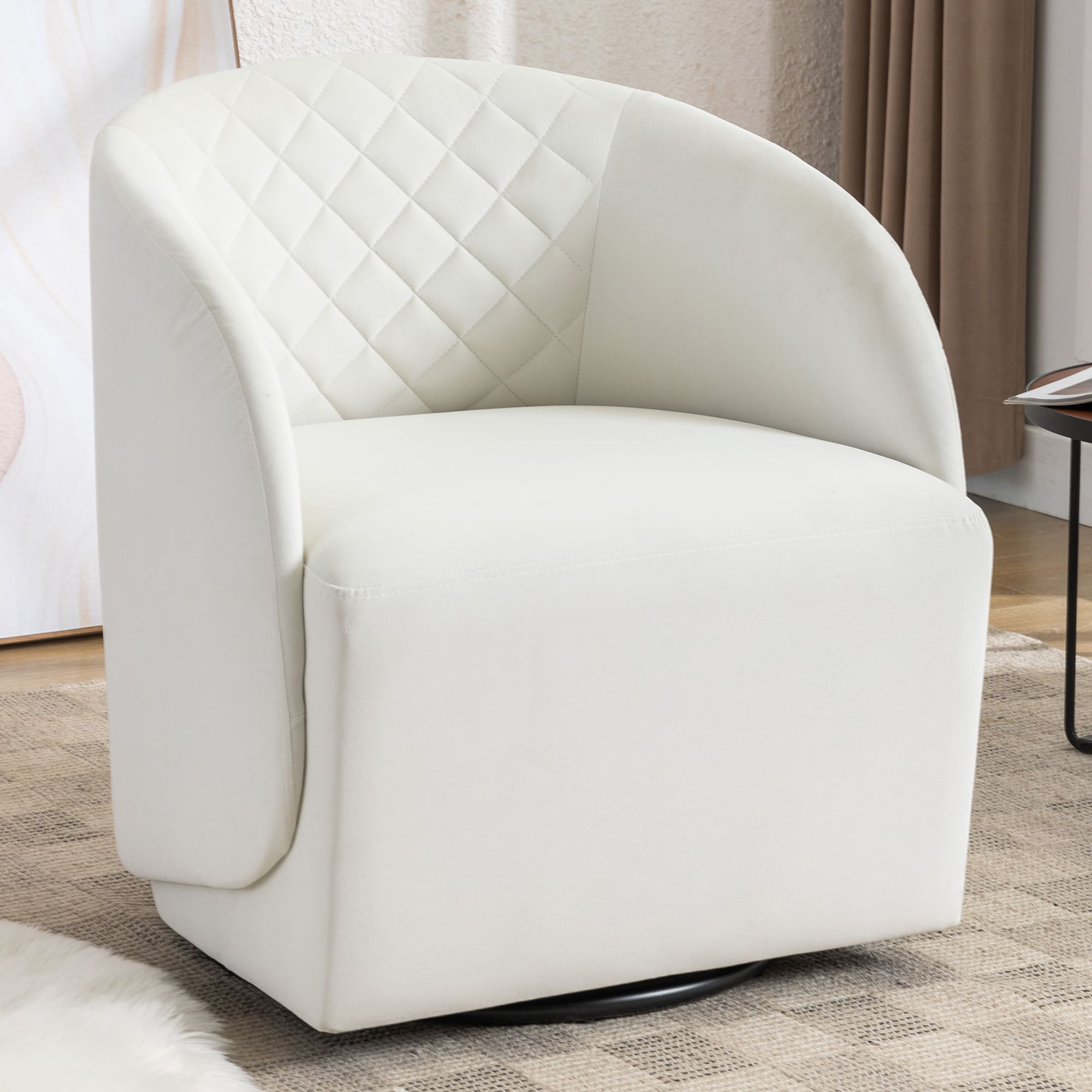 Modern Upholstered Velvet Fabric Curved Back Swivel Chair Accent Barrel Chair- Ivory_0