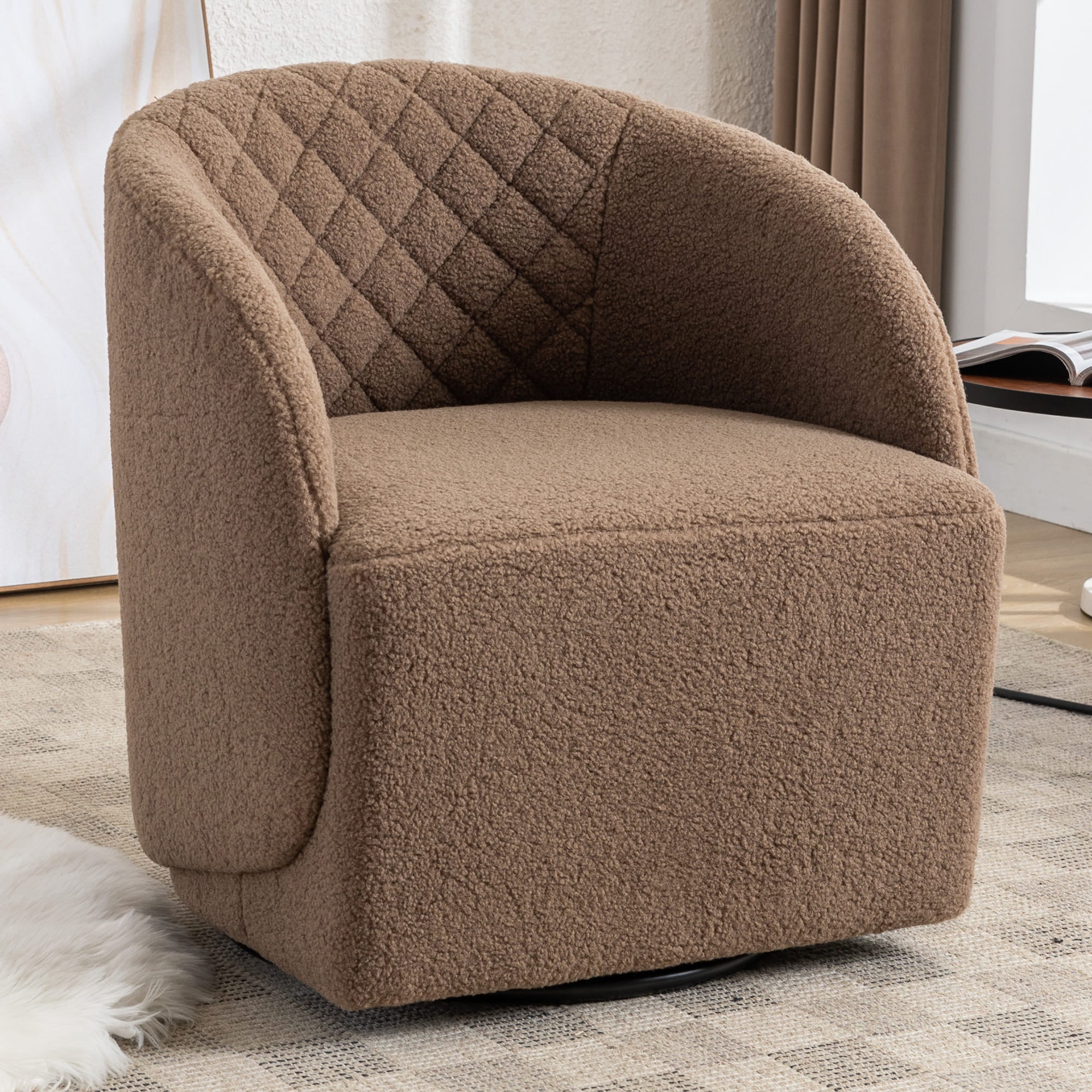 Modern Upholstered Teddy Fabric Curved Back Swivel Chair Accent Barrel Chair- Brown_0