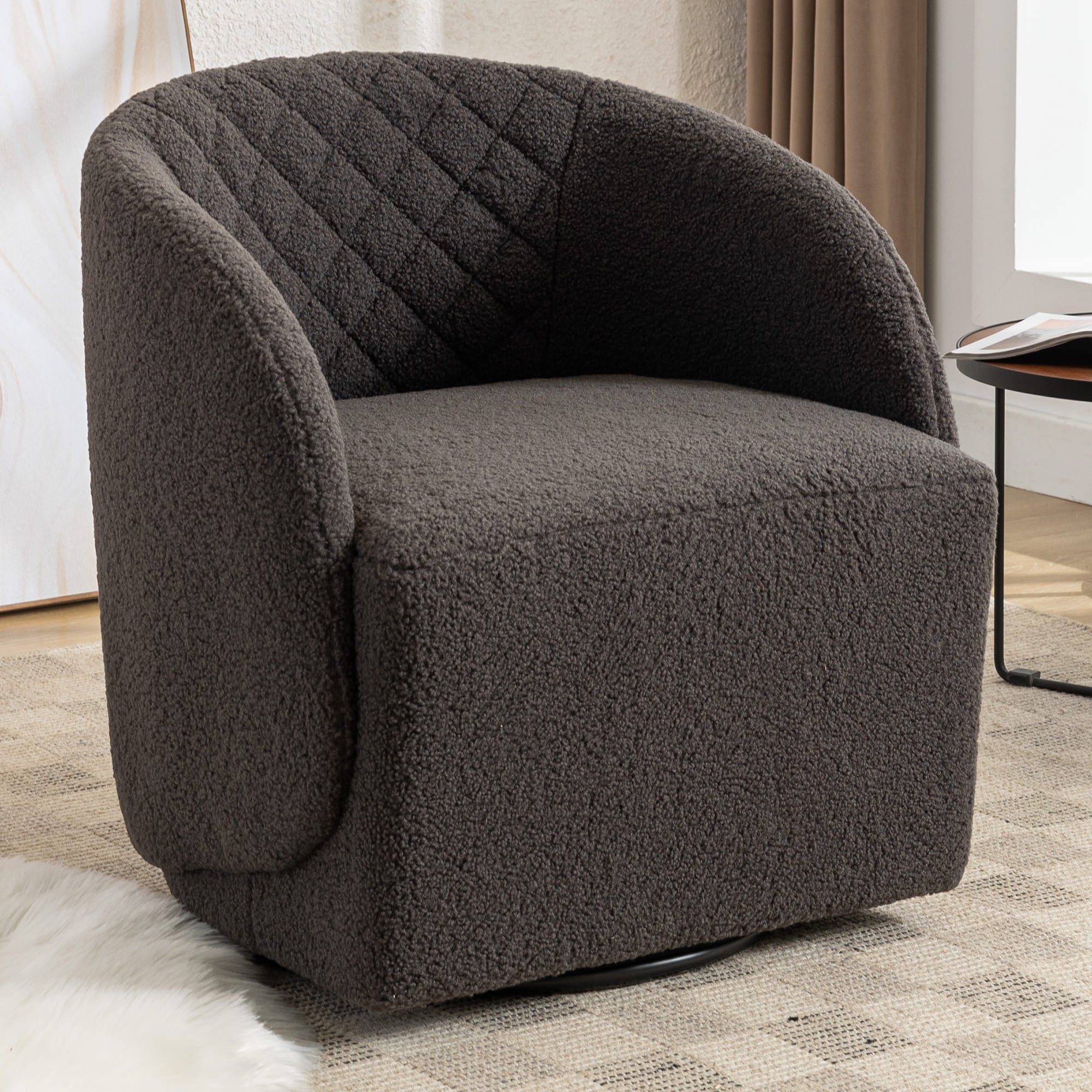 Modern Upholstered Teddy Fabric Curved Back Swivel Chair Accent Barrel Chair- Gray_0