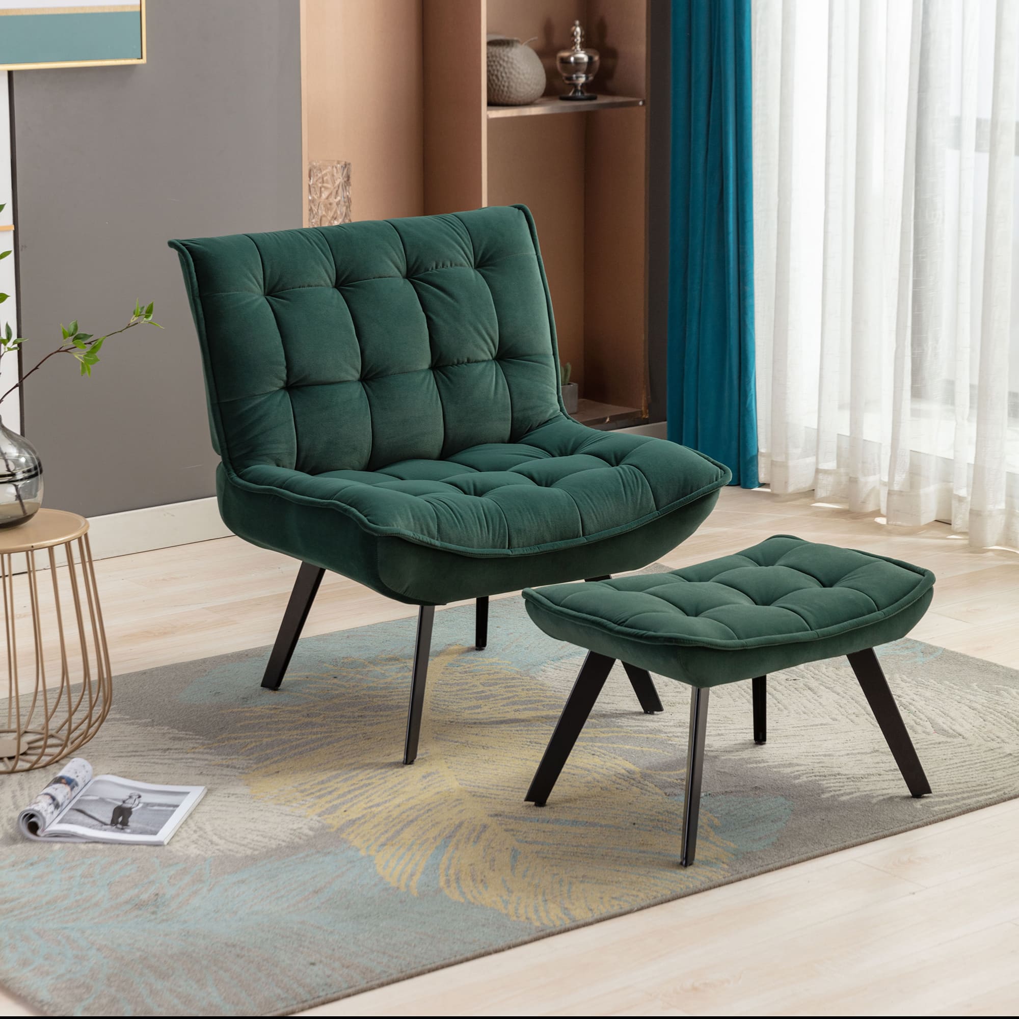 Modern Velvet Fabric Ottoman Lounge Chair with Metal Legs & Footrest Set- Dark Green_0