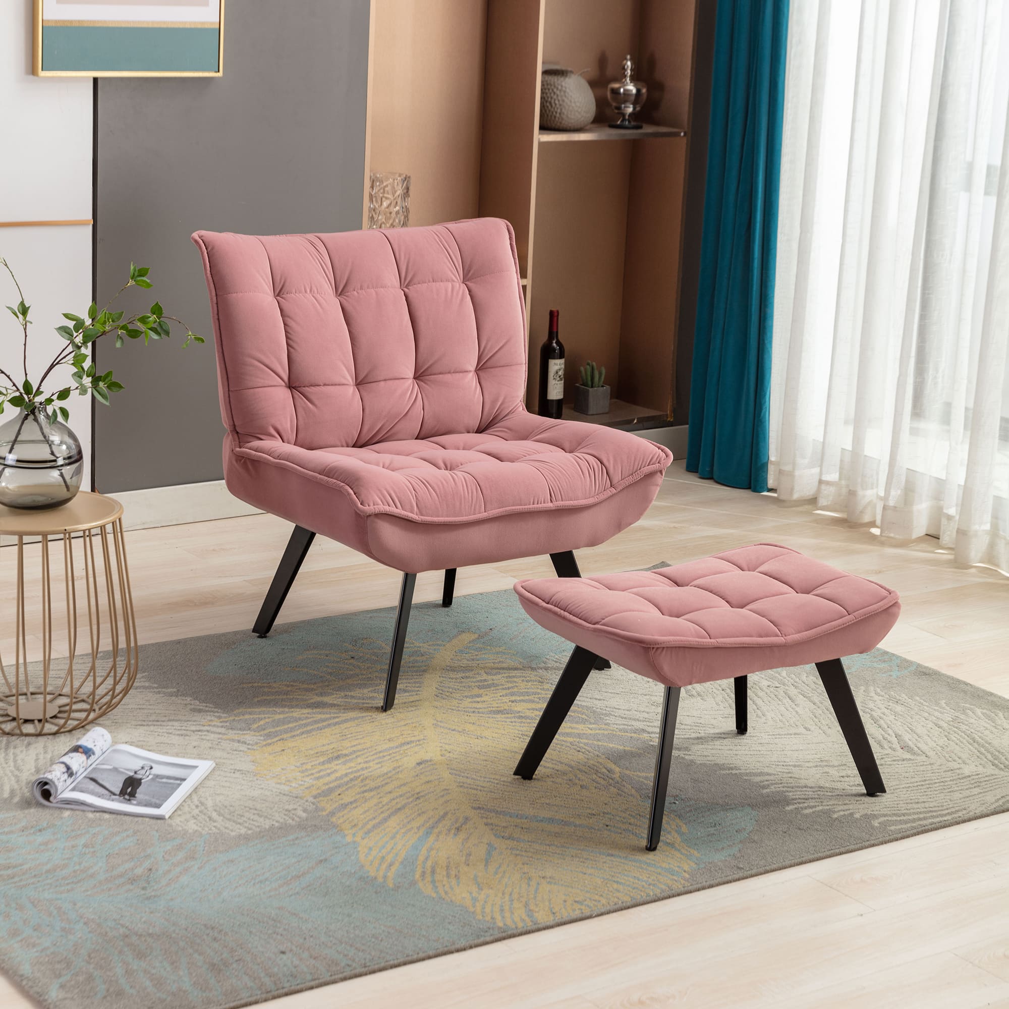 Modern Velvet Fabric Ottoman Lounge Chair with Metal Legs & Footrest Set- Pink_0